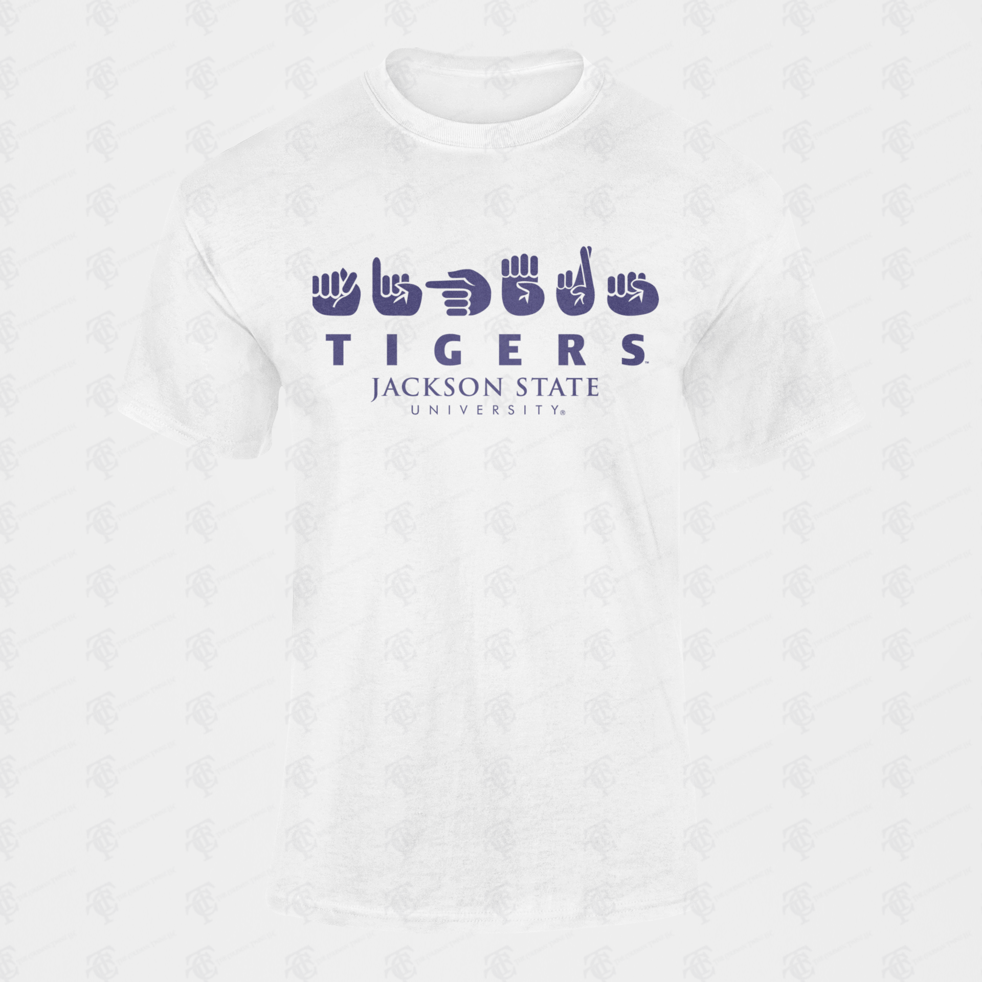 White toddler crew neck T-shirt with Tigers and Jackson State University logo chest print