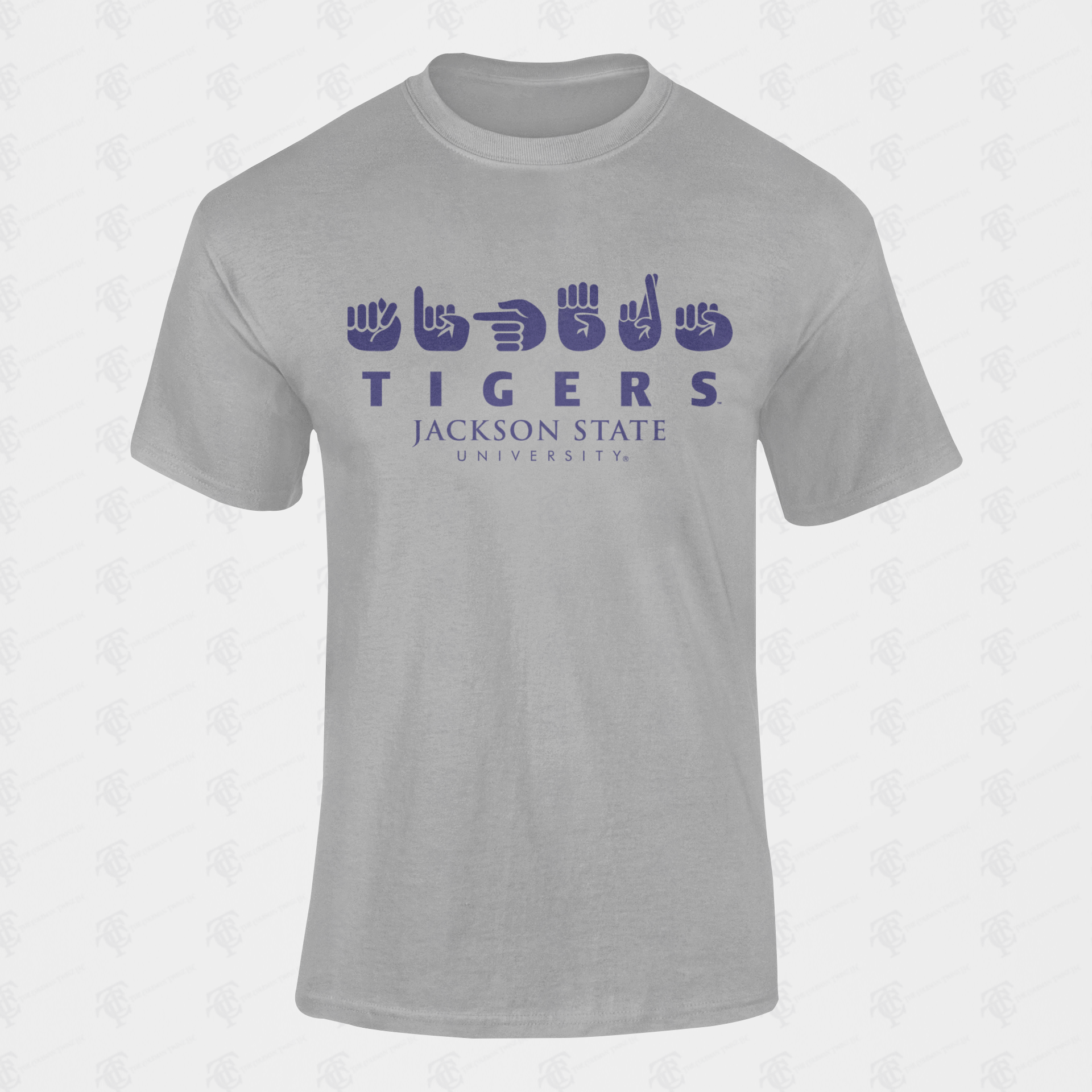 Athletic heather grey unisex crew-neck T-shirt with blue “Tigers” and “Jackson State University” logo