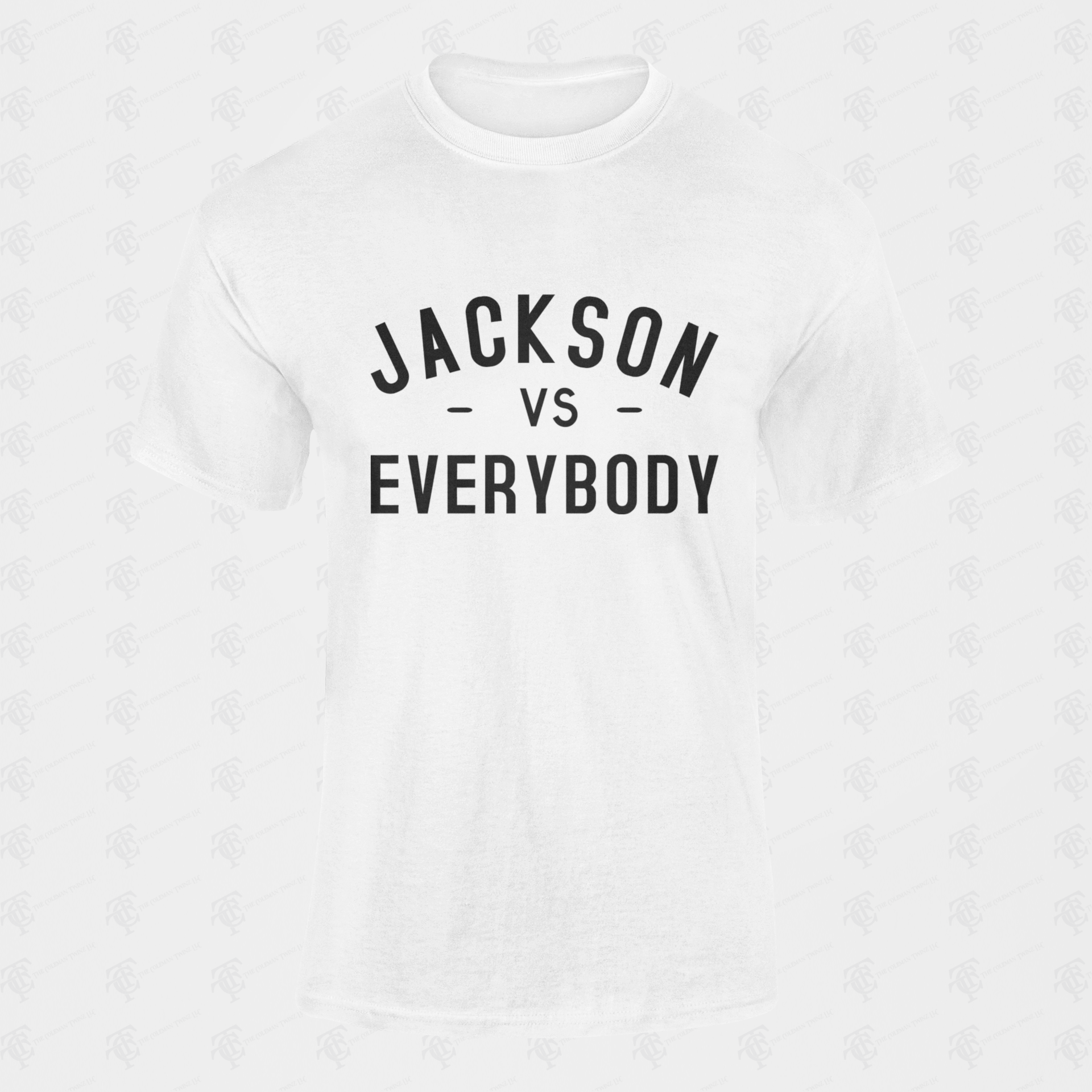 Youth crewneck T-shirt, white with “Jackson vs Everybody” lettering in black
