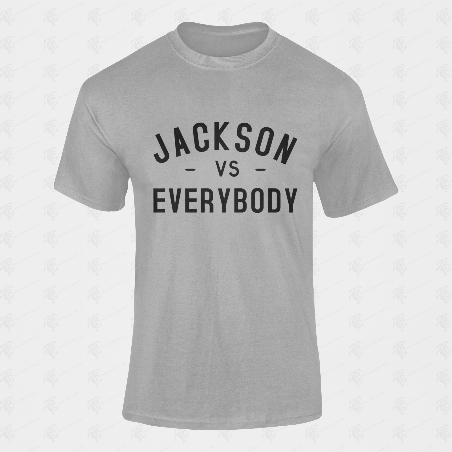 Unisex crewneck short sleeve T-shirt, light gray with dark front text graphic