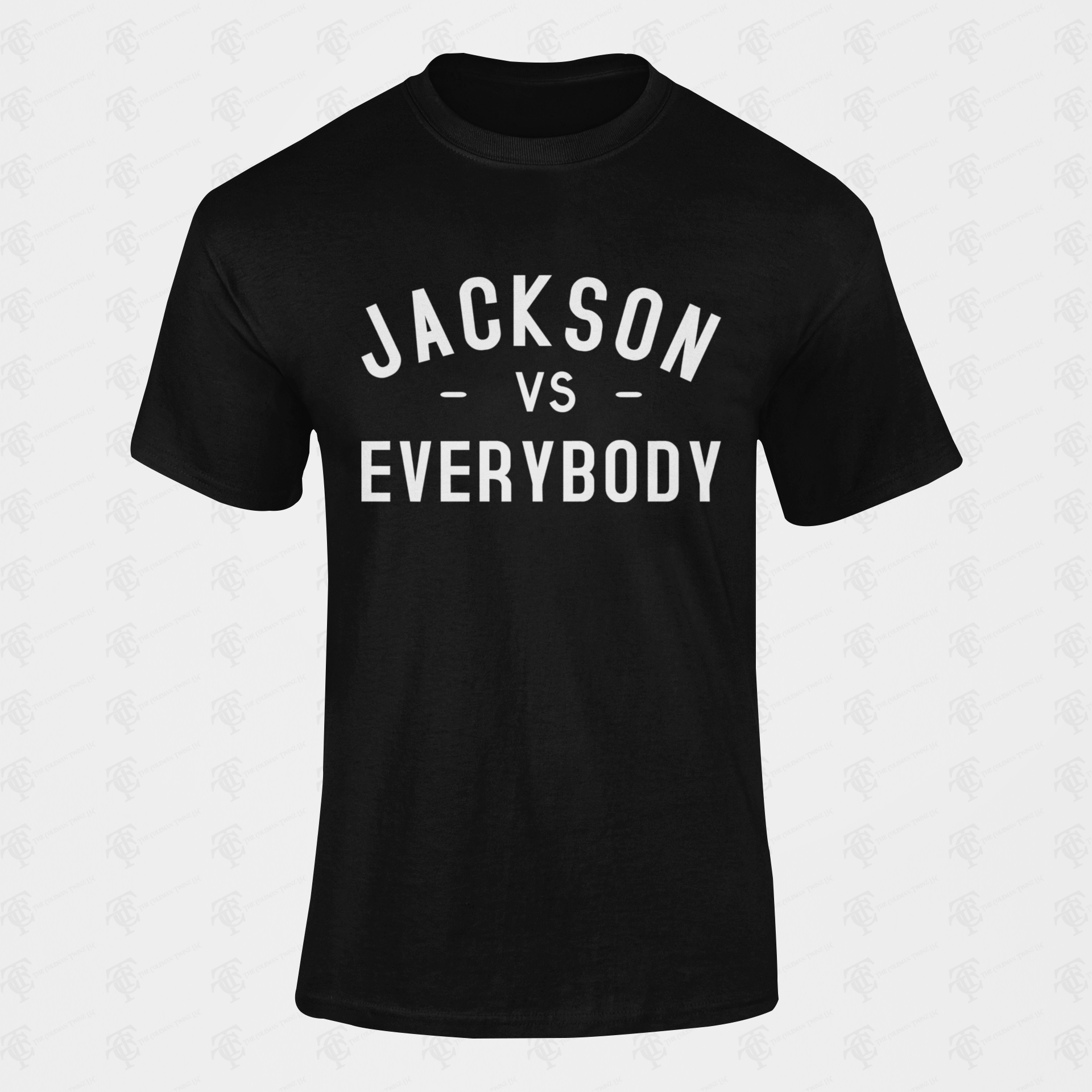 Youth crewneck T-shirt, black with “Jackson vs Everybody” lettering in white