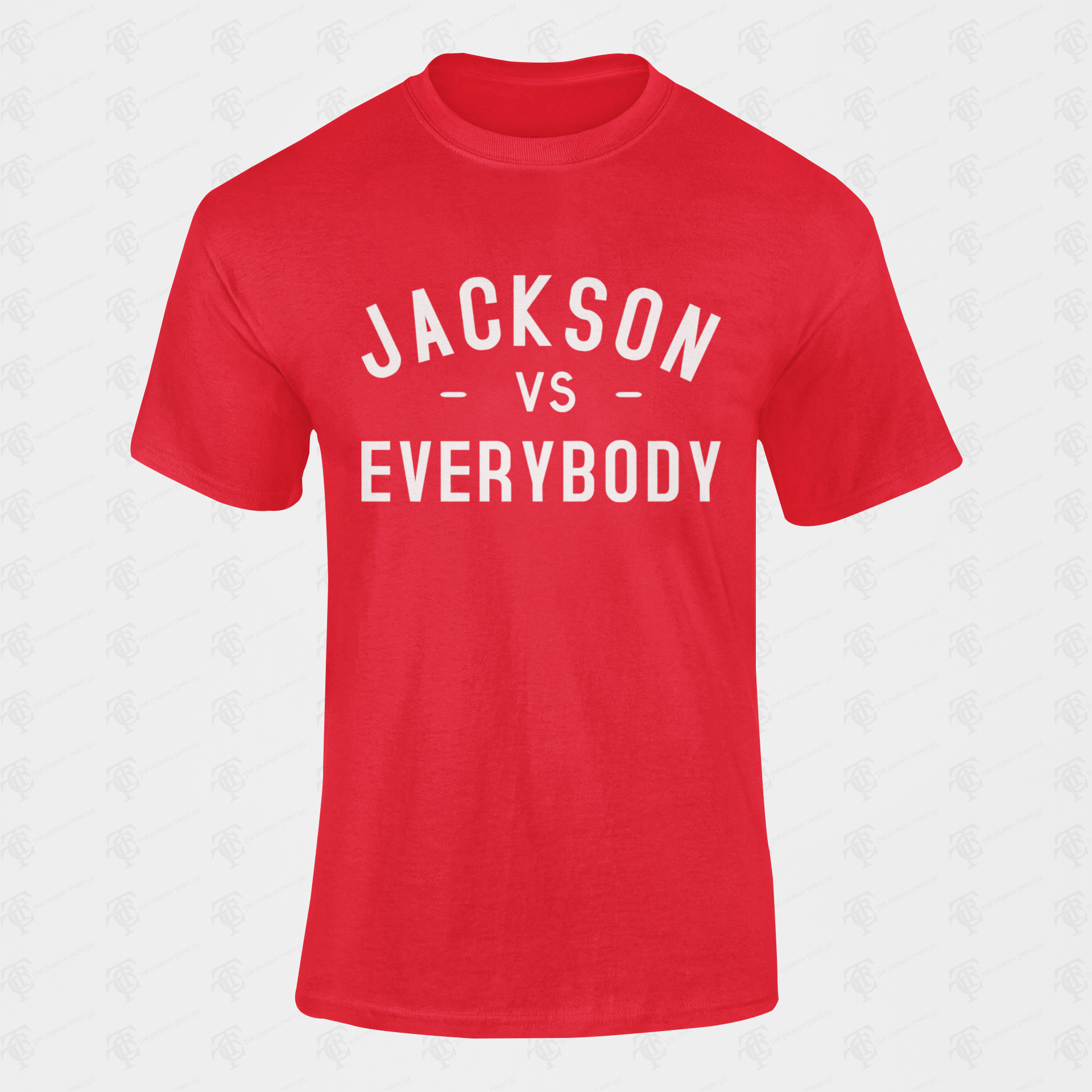 Youth crewneck T-shirt, red with “Jackson vs Everybody” lettering in white