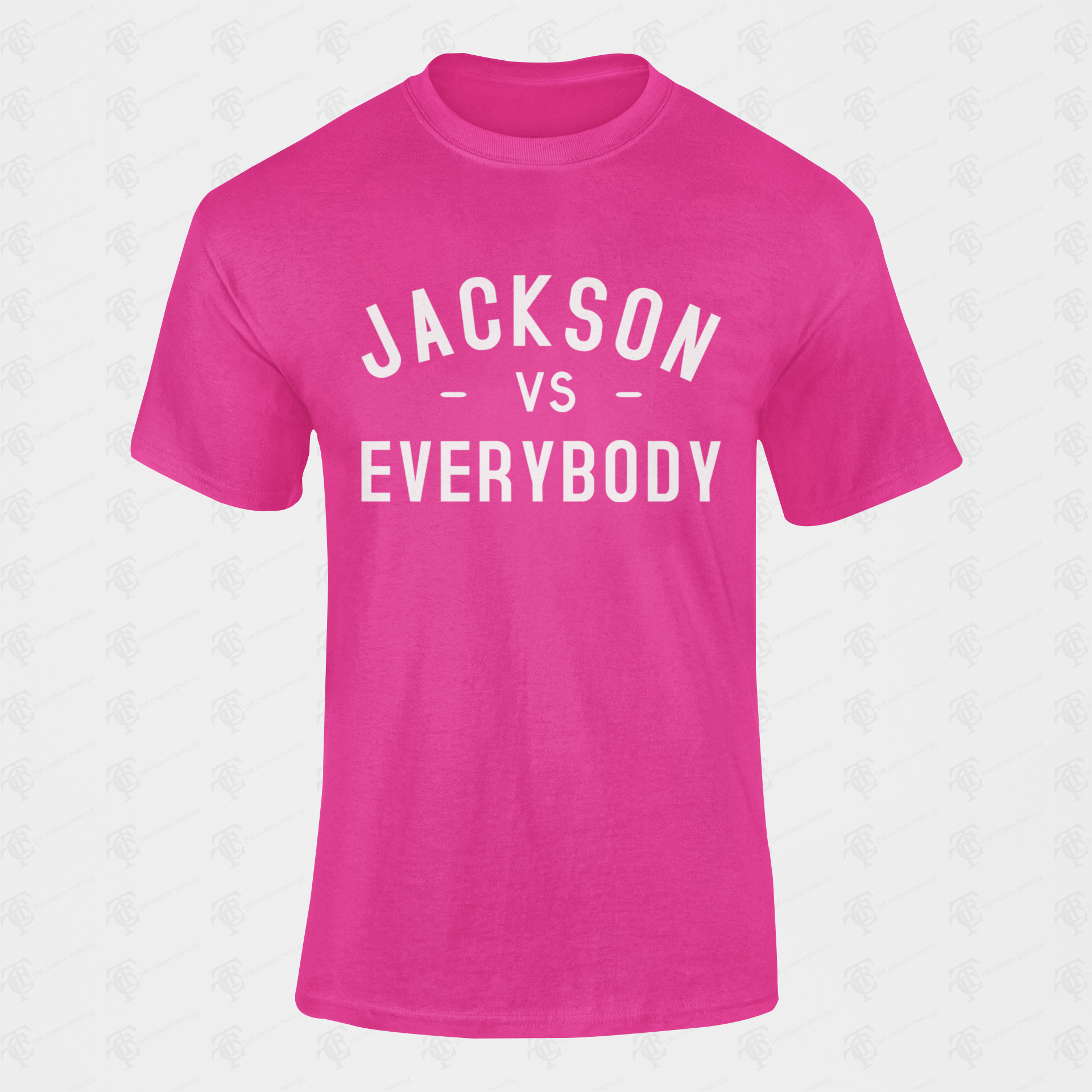 Youth crewneck T-shirt, pink with “Jackson vs Everybody” lettering in white