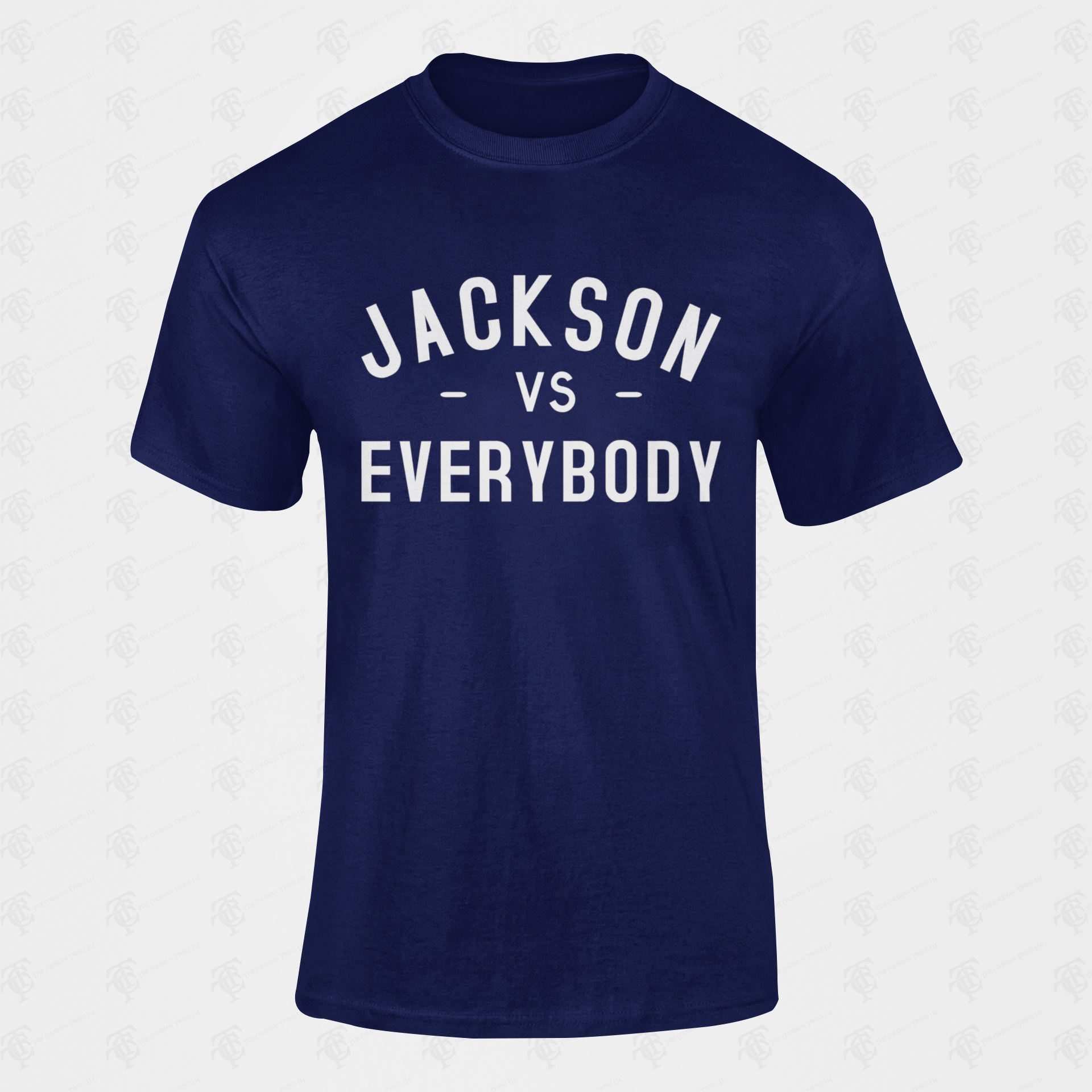 Navy short sleeve crewneck T-shirt with white “JACKSON vs EVERYBODY” lettering.