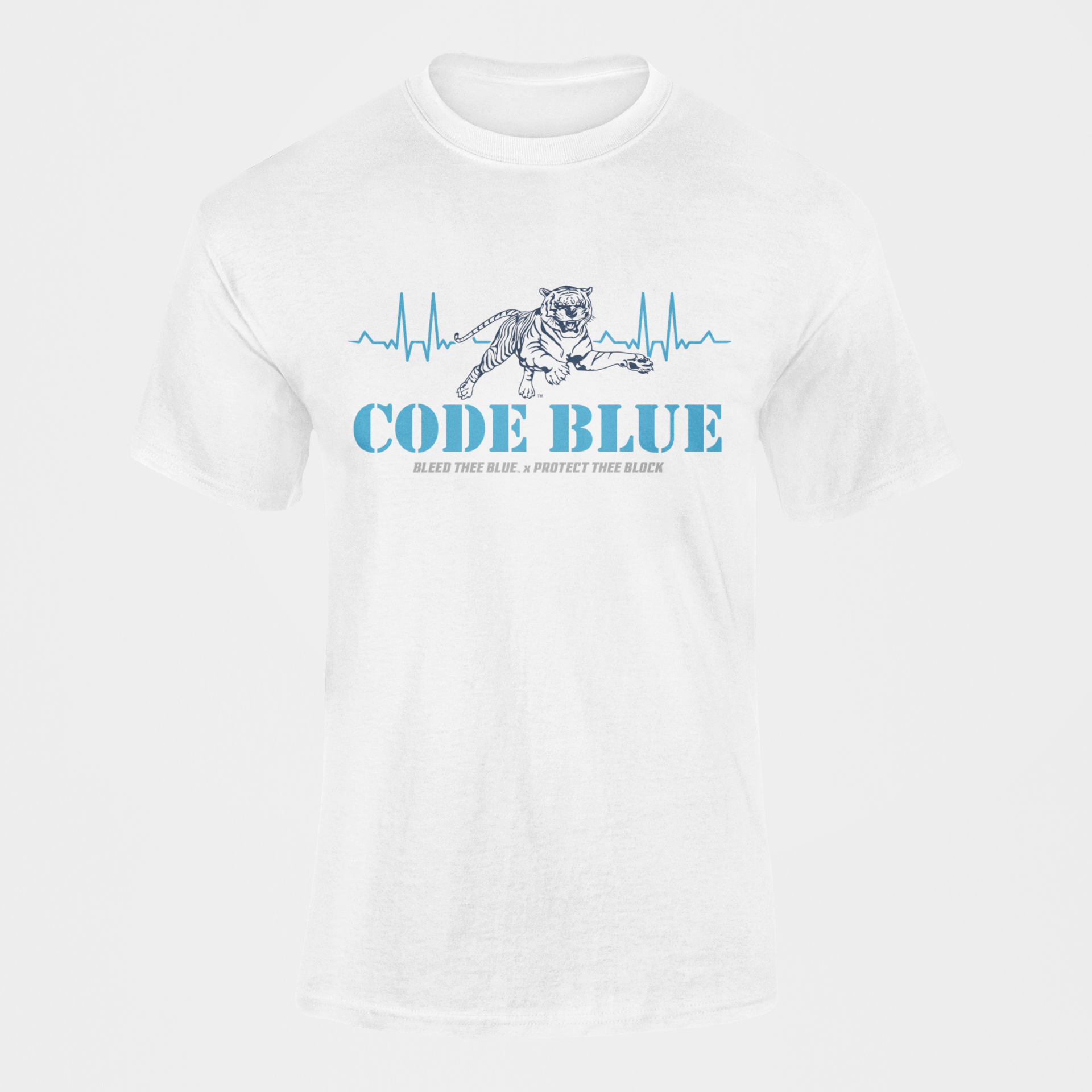 White unisex crewneck T-shirt with Code Blue tiger graphic and heartbeat waveform print