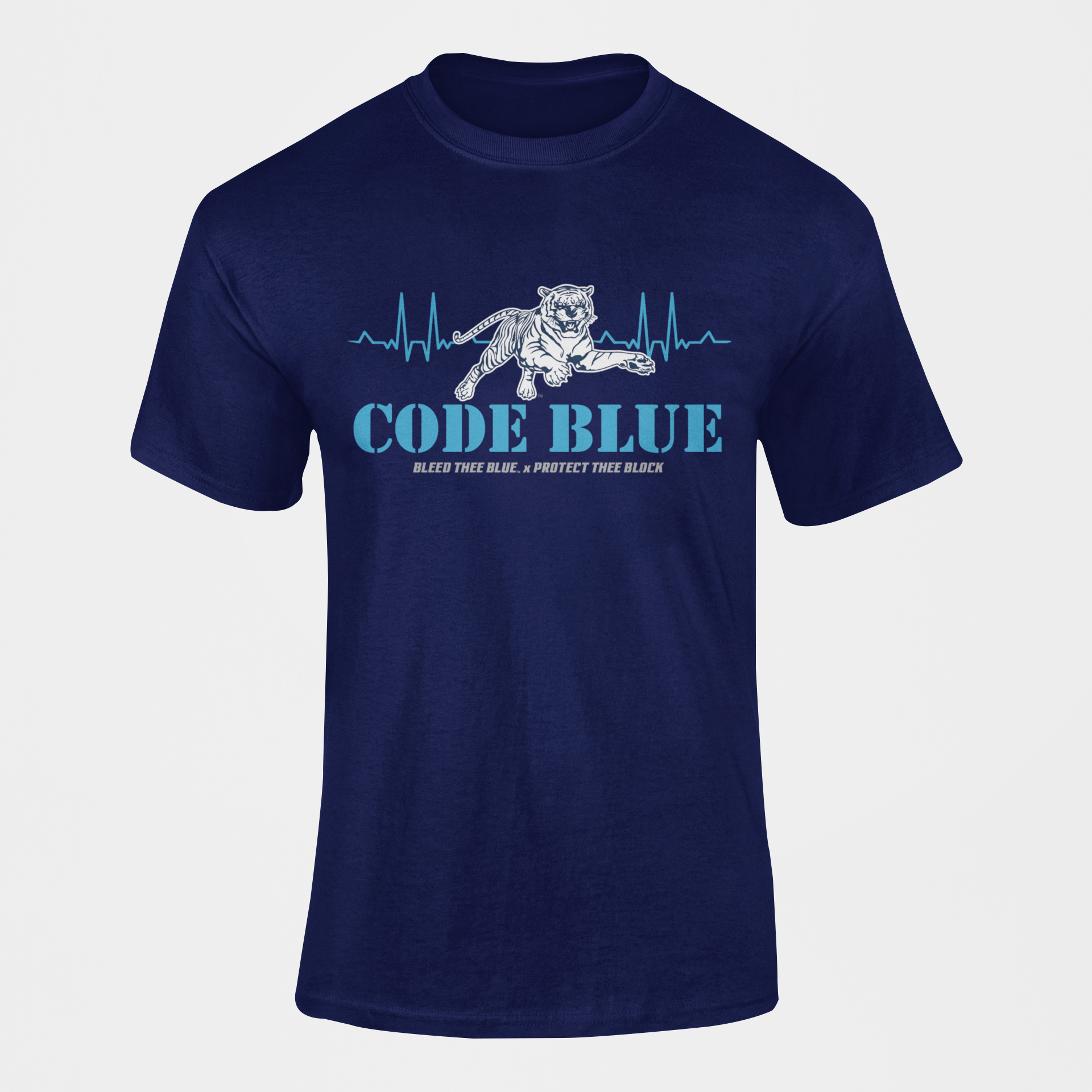 Navy blue unisex crewneck T-shirt with Code Blue tiger graphic and heartbeat waveform print