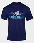 Navy blue unisex crewneck T-shirt with Code Blue tiger graphic and heartbeat waveform print