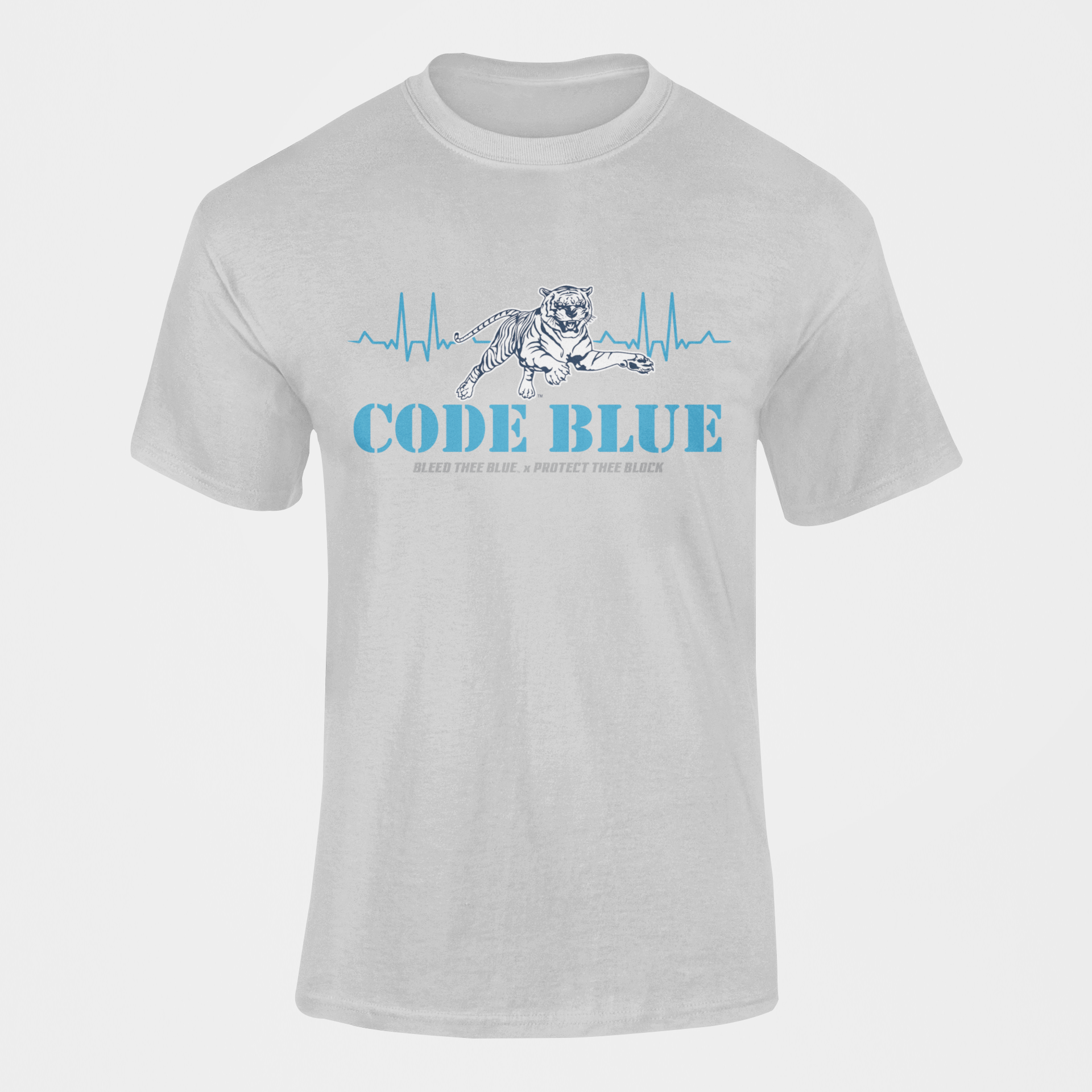Light gray unisex crewneck T-shirt with Code Blue tiger graphic and heartbeat waveform print