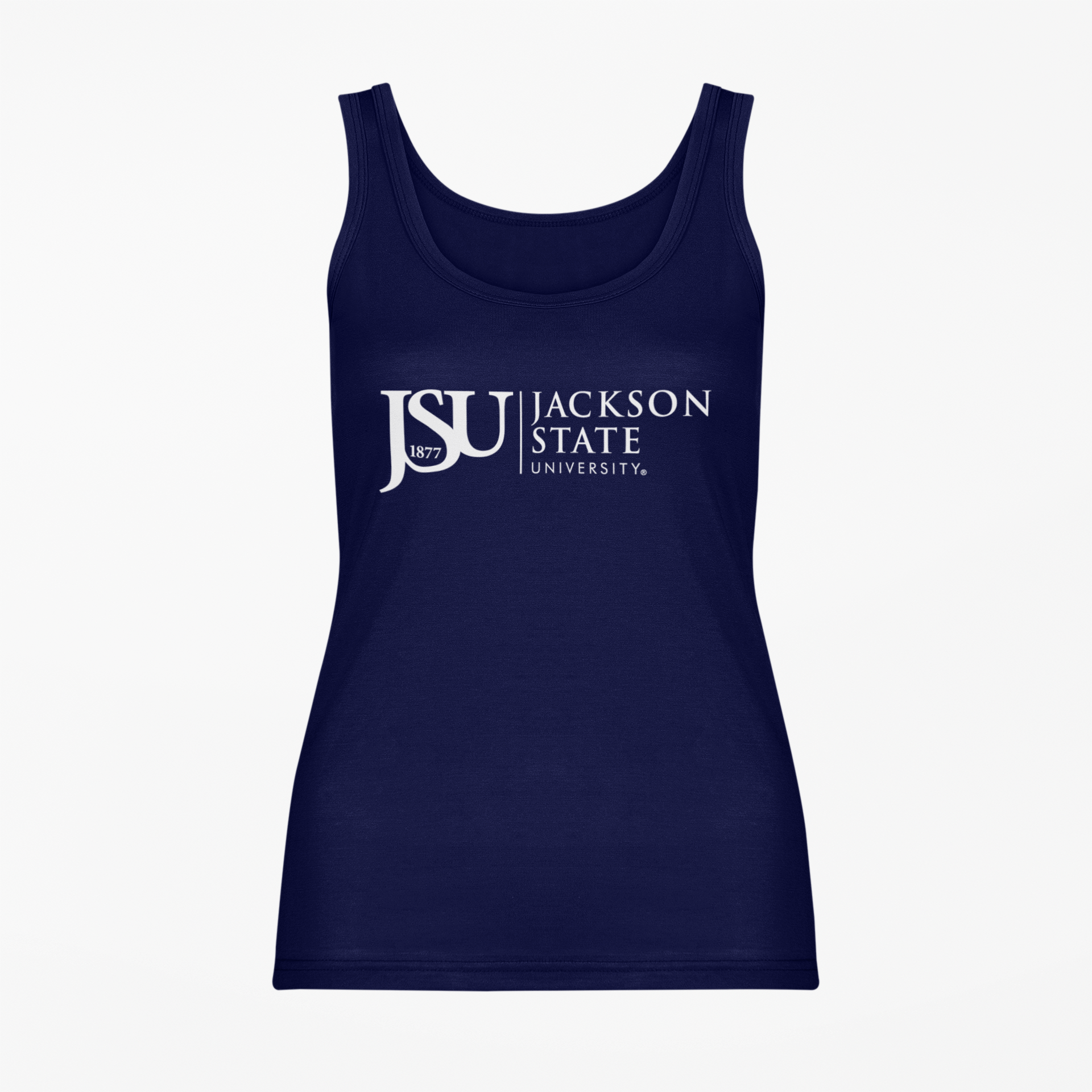 Navy unisex tank top with white JSU 1877 and University logo front