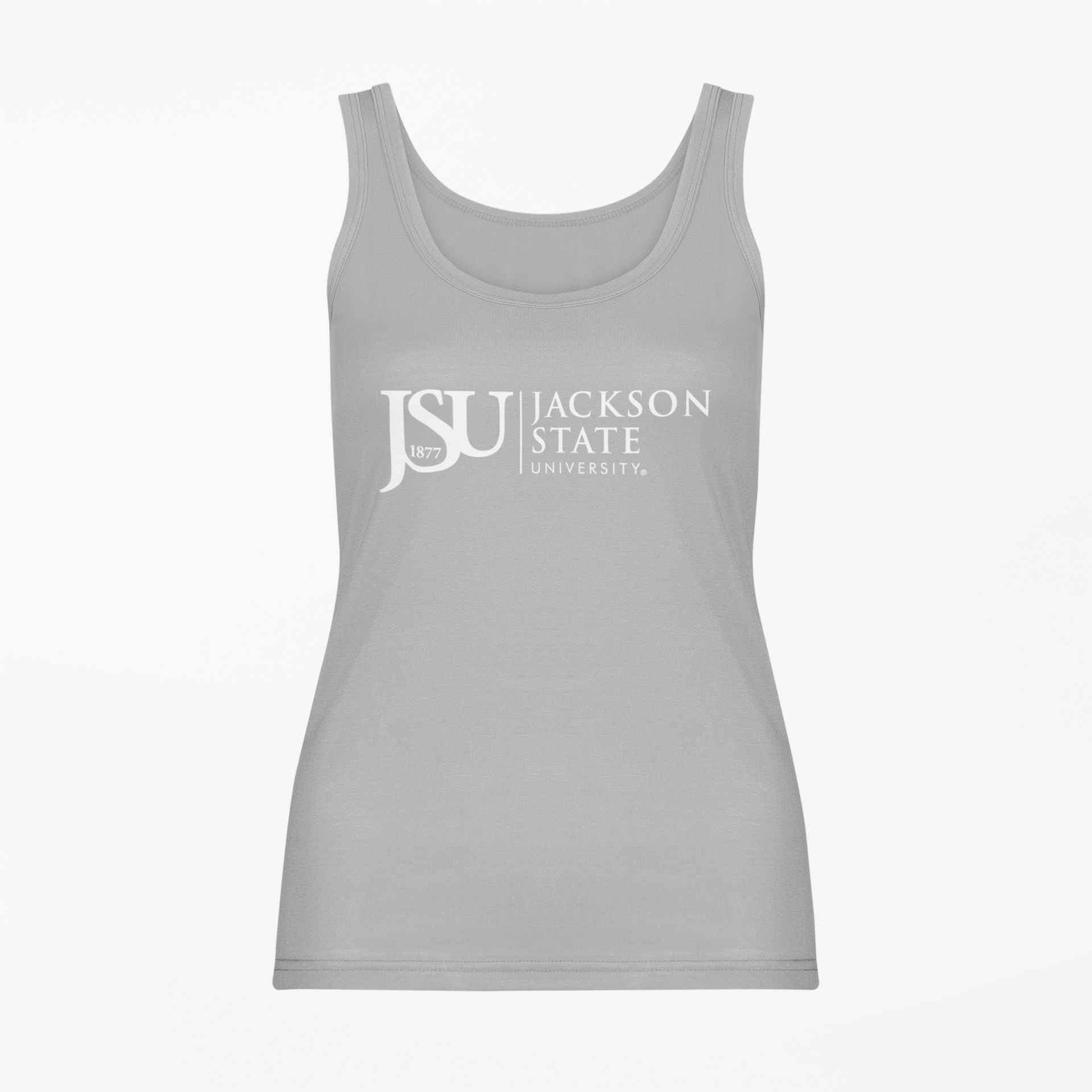 Light gray unisex tank top with white JSU 1877 and University logo front