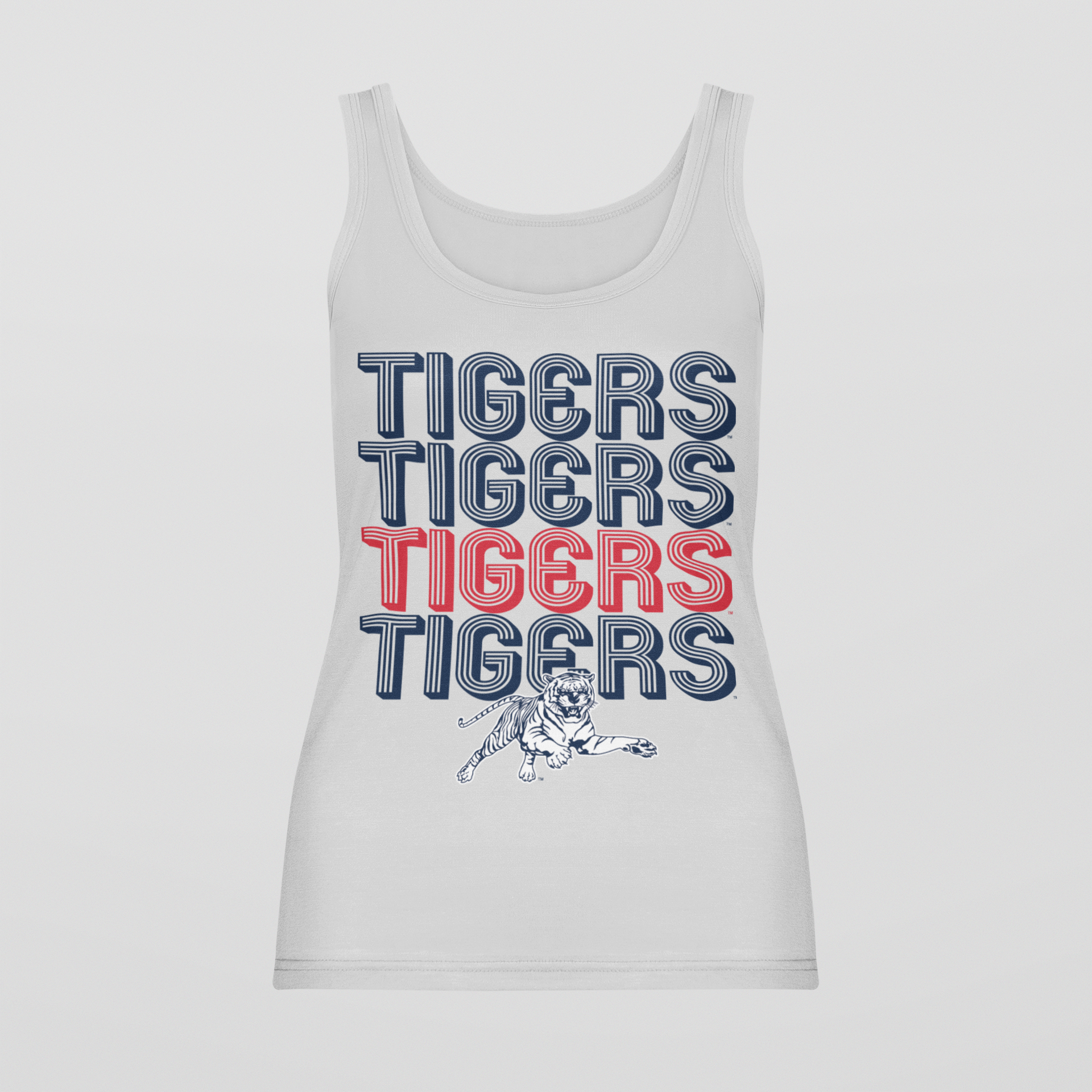 White sleeveless graphic tank with stacked TIGERS text and tiger mascot