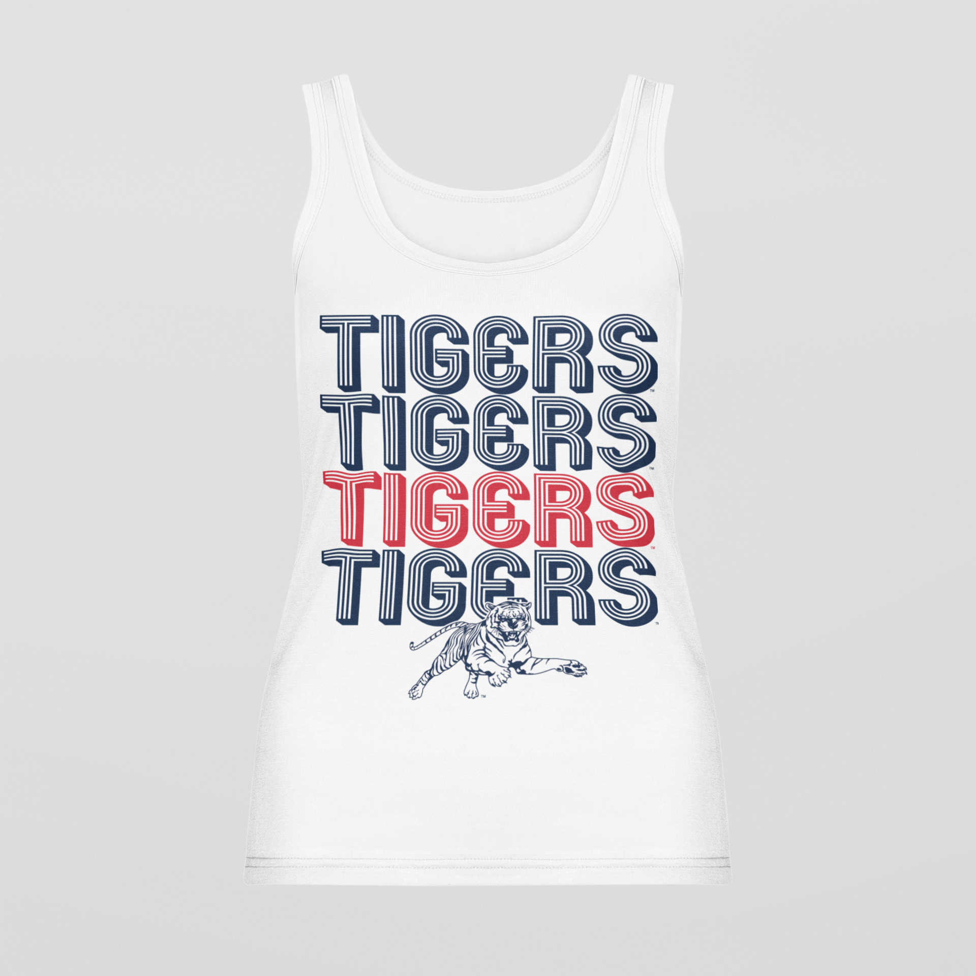 White sleeveless graphic tank with stacked TIGERS text and tiger mascot emblem