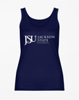 Navy unisex tank top with white JSU 1877 and University logo front