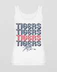 White sleeveless graphic tank with stacked TIGERS text and tiger mascot emblem