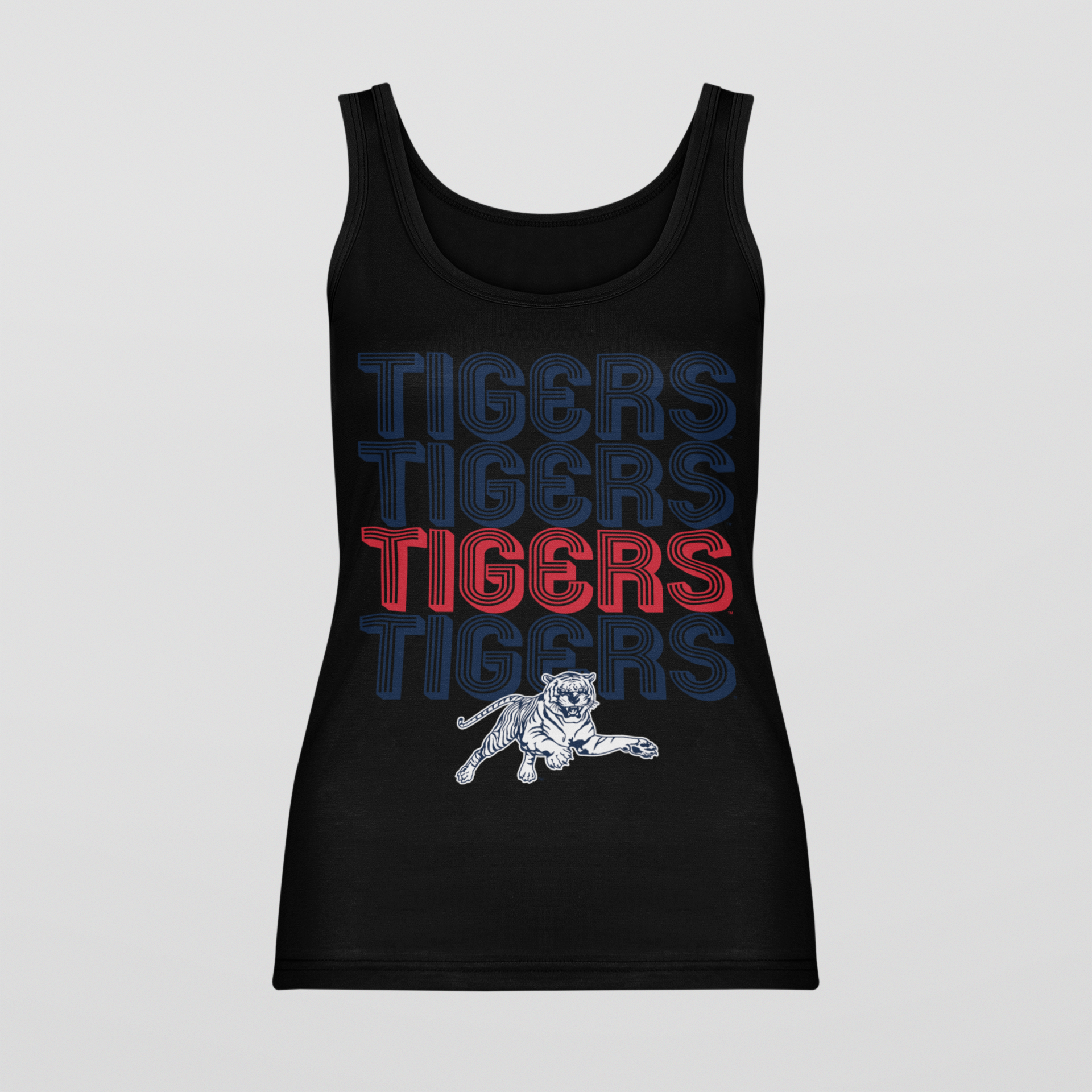 Black sleeveless graphic tank with stacked TIGERS text and tiger mascot print