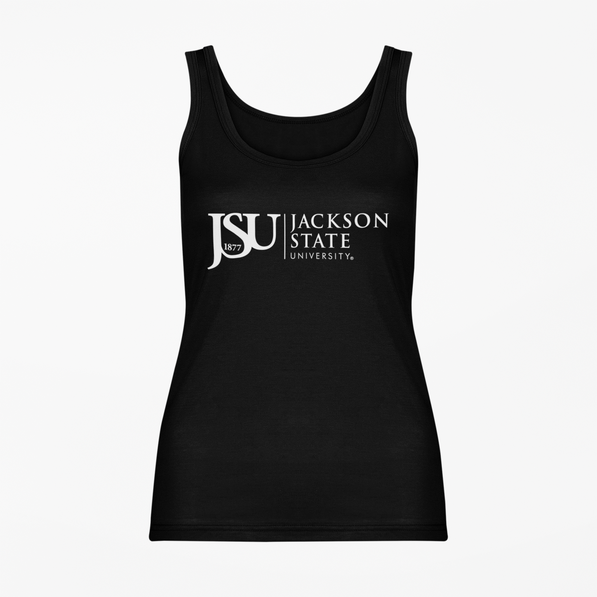 Black unisex tank top with white JSU 1877 and University logo print