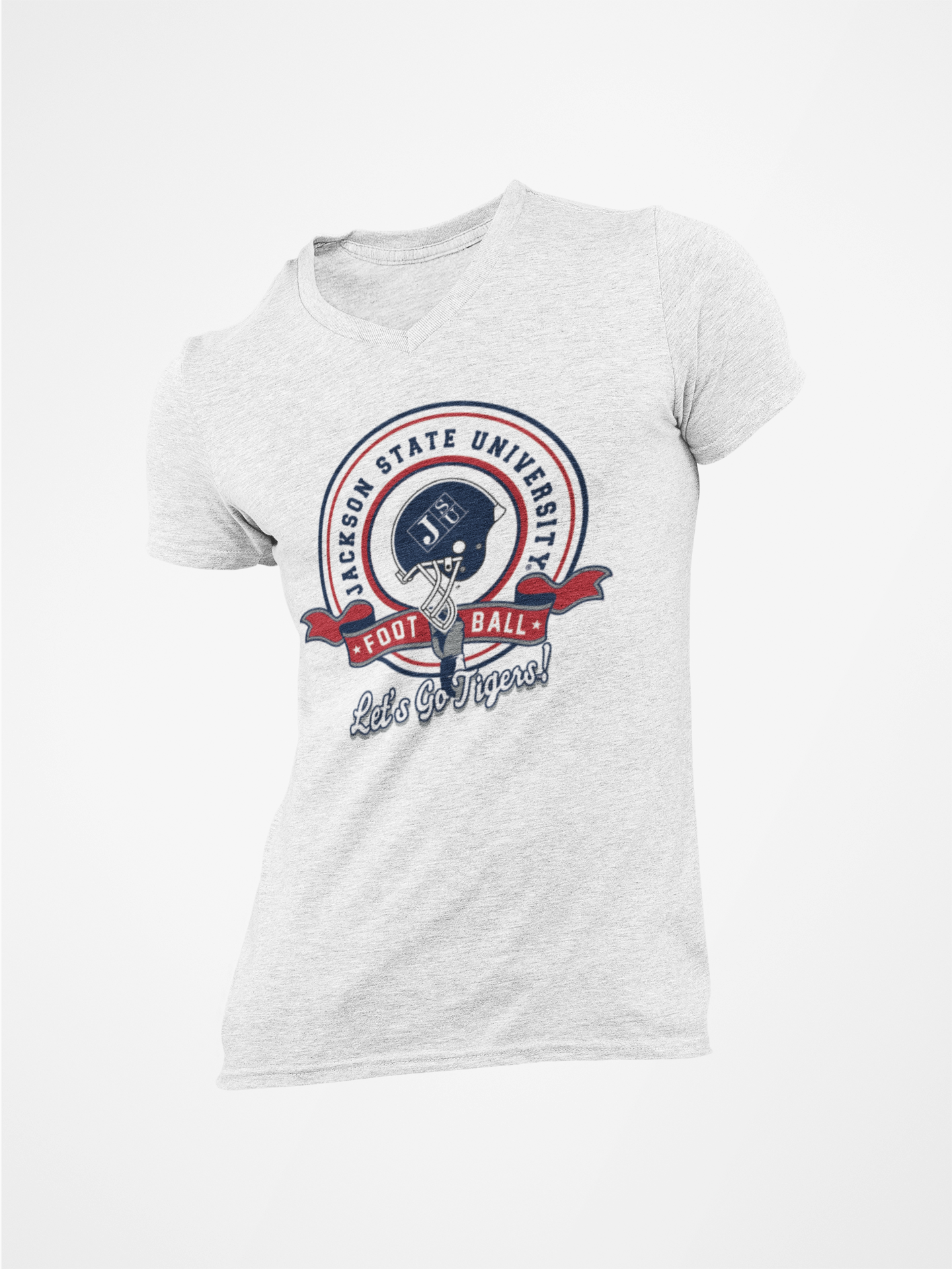 White V-neck T-shirt with circular Tigers logo graphic and 'Let's Go Tigers' text
