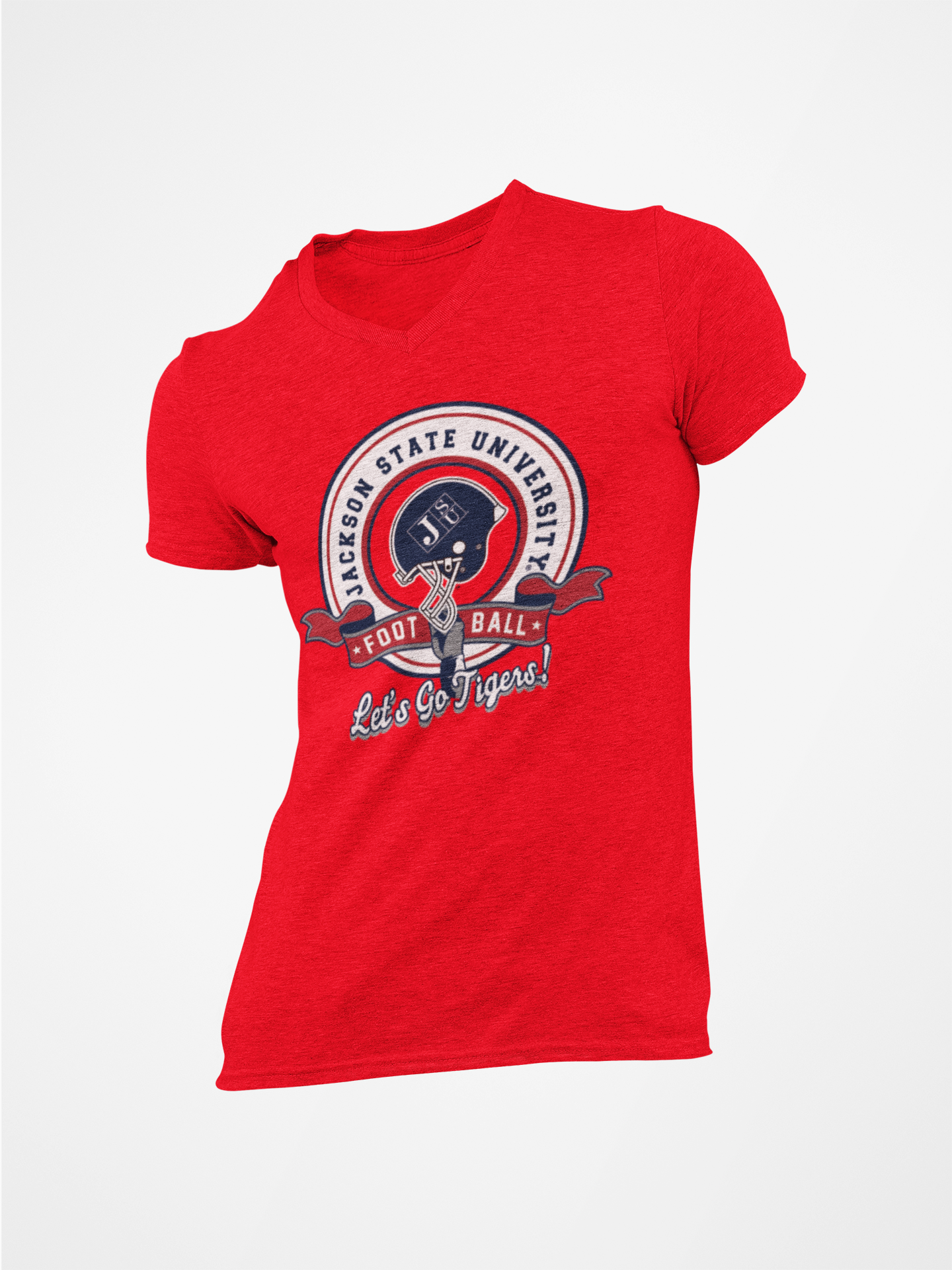 Red V-neck T-shirt with circular Tigers logo graphic and 'Let's Go Tigers' text