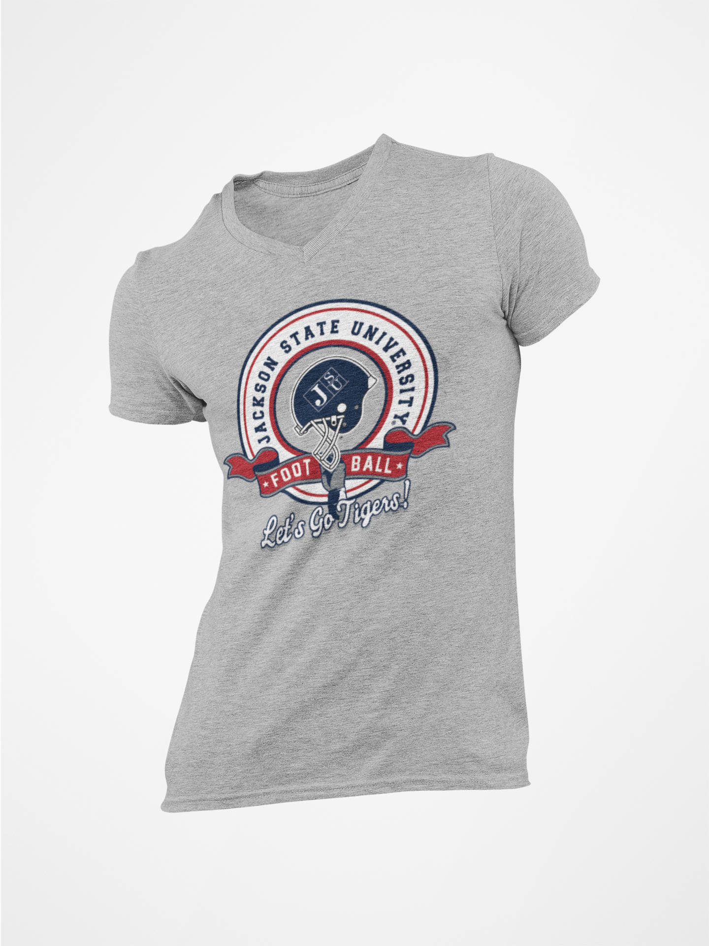 Athletic heather gray V-neck T-shirt with circular Tigers logo and 'Let's Go Tigers' text