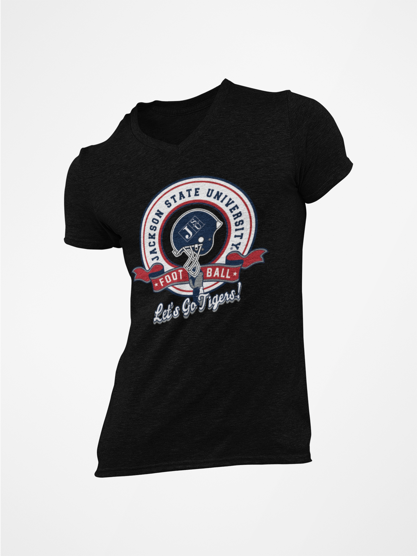 Black V-neck T-shirt with circular Tigers logo graphic and 'Let's Go Tigers' text