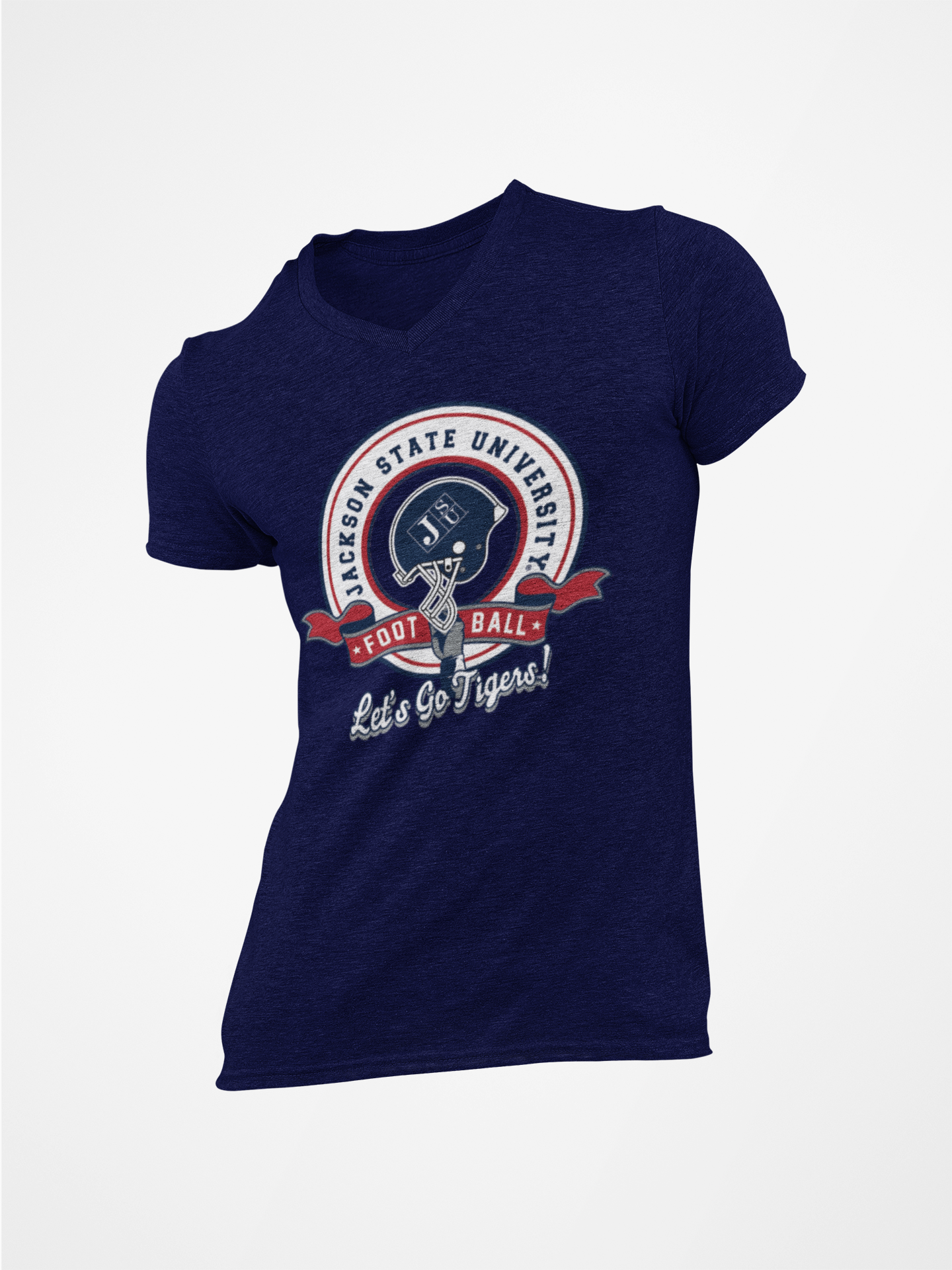 Navy V-neck T-shirt with circular Tigers logo graphic and 'Let's Go Tigers' text