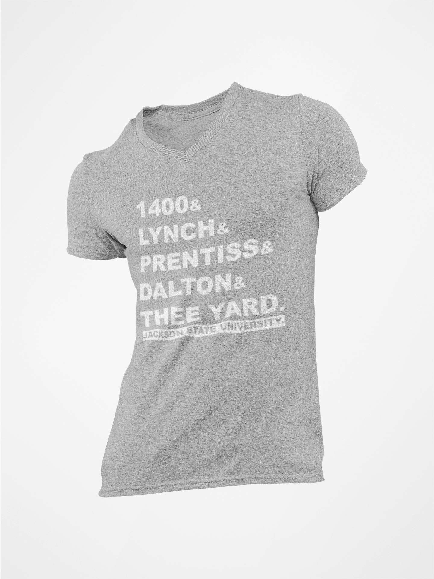Heather gray v-neck T-shirt with large front text graphic and logo