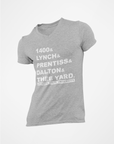 Heather gray v-neck T-shirt with large front text graphic and logo
