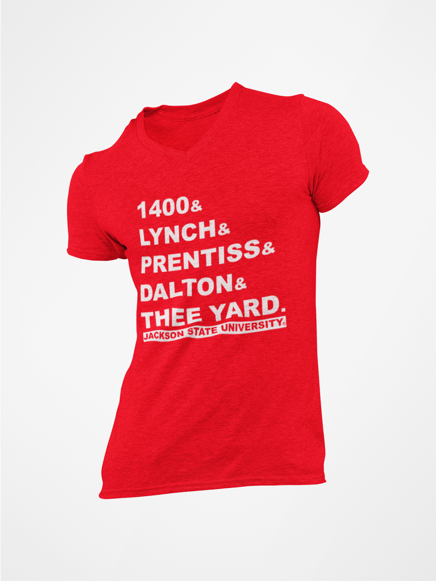 Red v-neck T-shirt with large front text graphic and logo