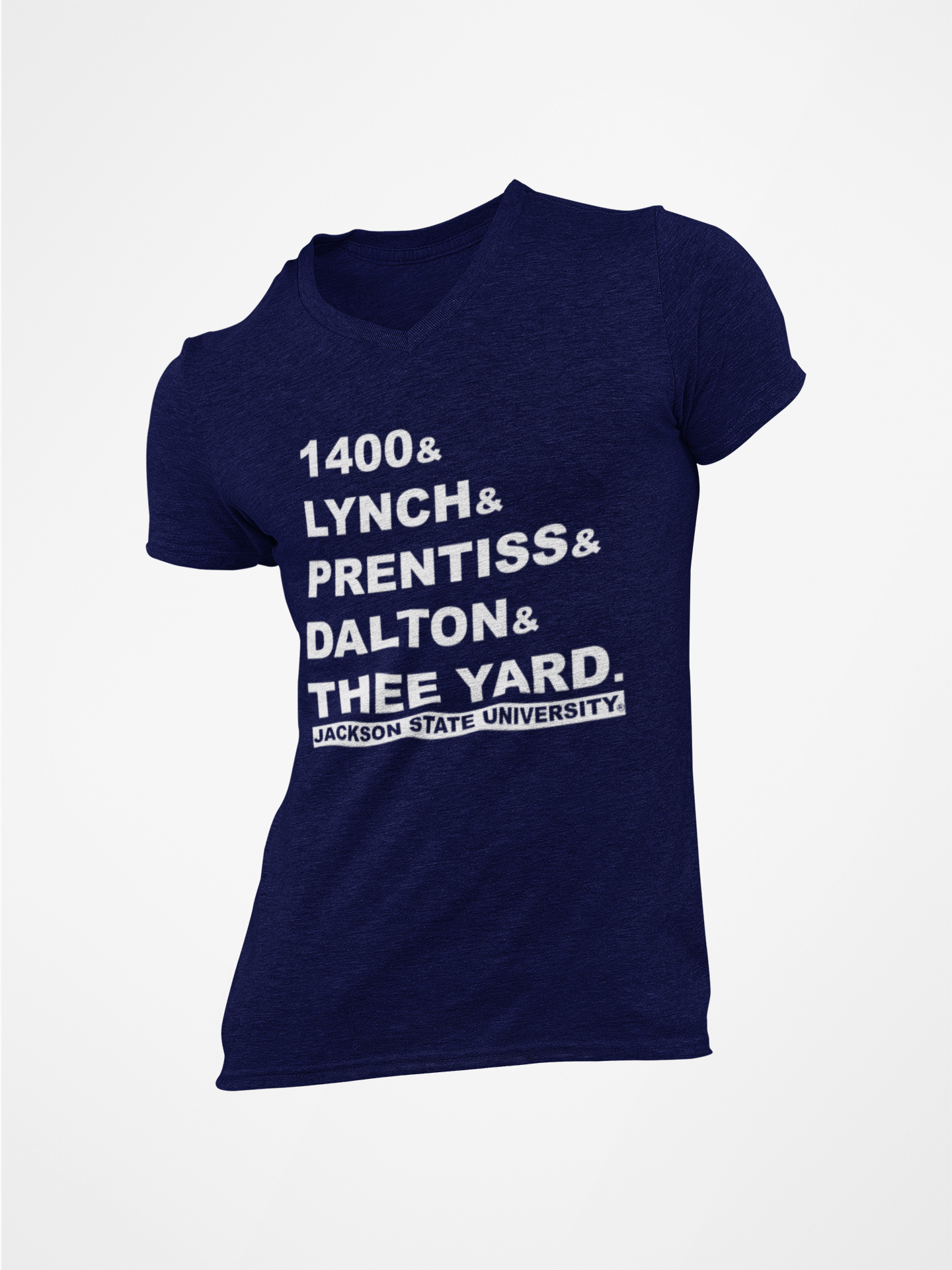Navy v-neck T-shirt with large front text graphic and logo