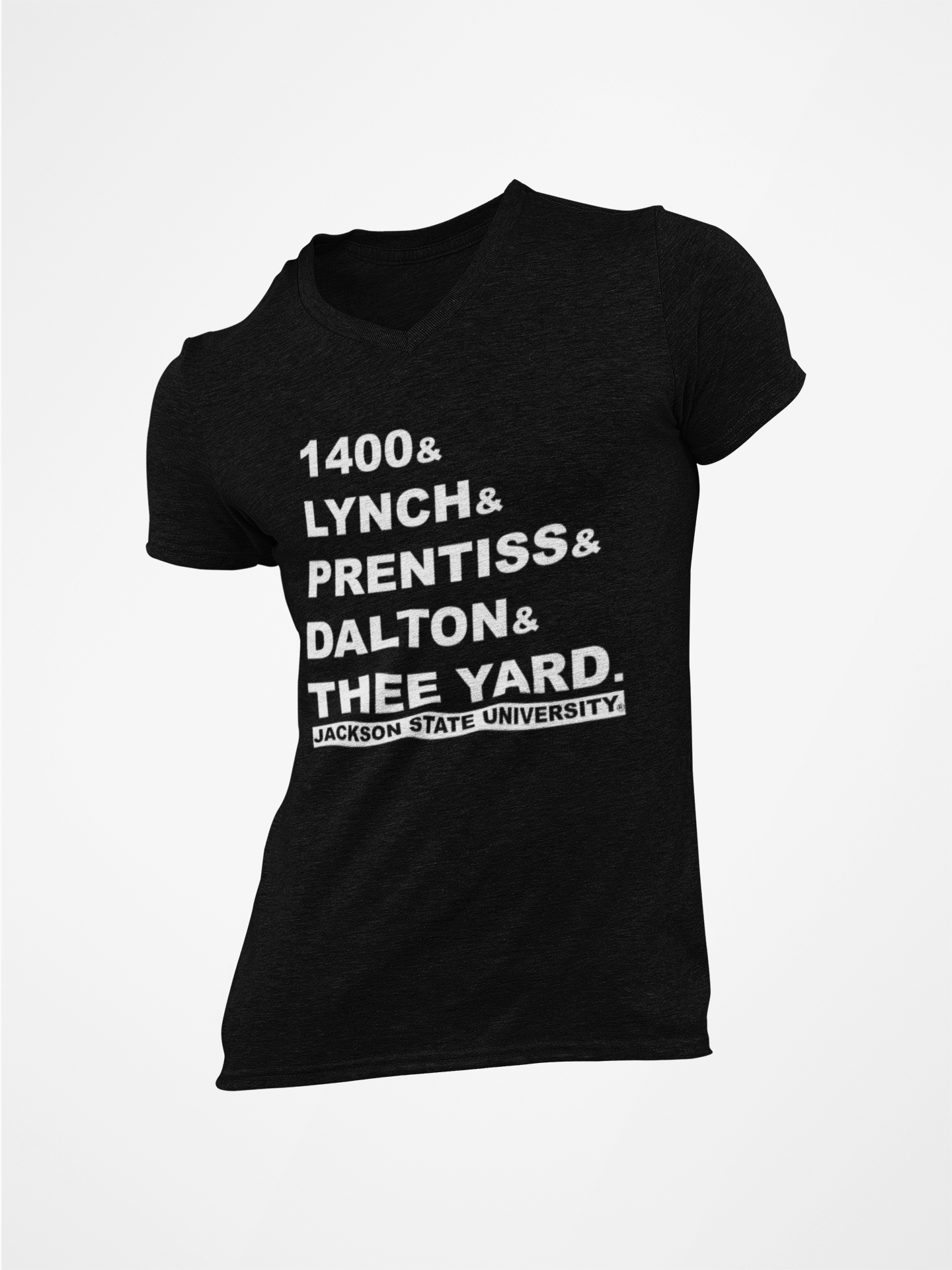 Black v-neck T-shirt with large front text graphic and logo