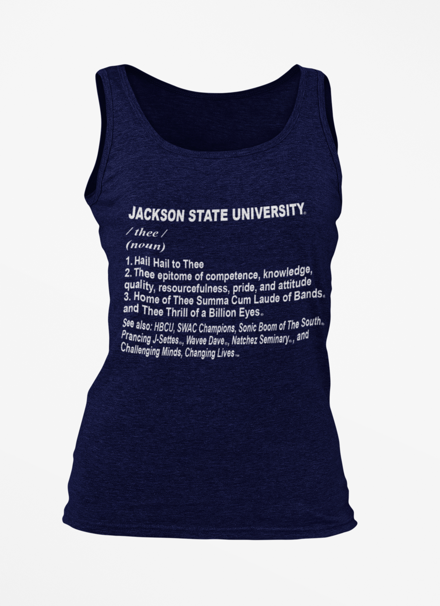 Unisex navy tank top with 'JACKSON STATE UNIVERSITY' printed definition text