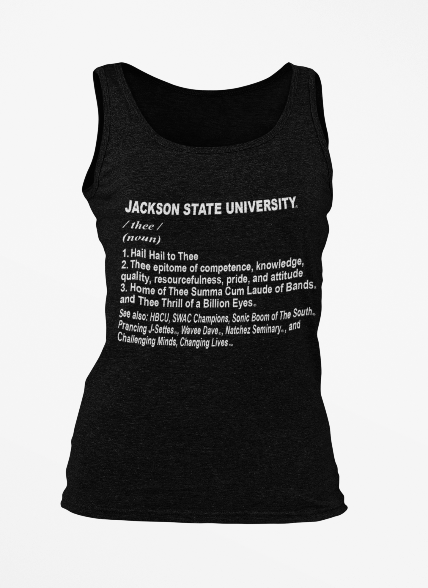 Unisex black tank top with 'JACKSON STATE UNIVERSITY' printed definition text