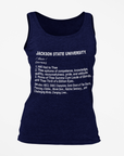 Unisex navy tank top with 'JACKSON STATE UNIVERSITY' printed definition text