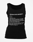 Unisex black tank top with 'JACKSON STATE UNIVERSITY' printed definition text