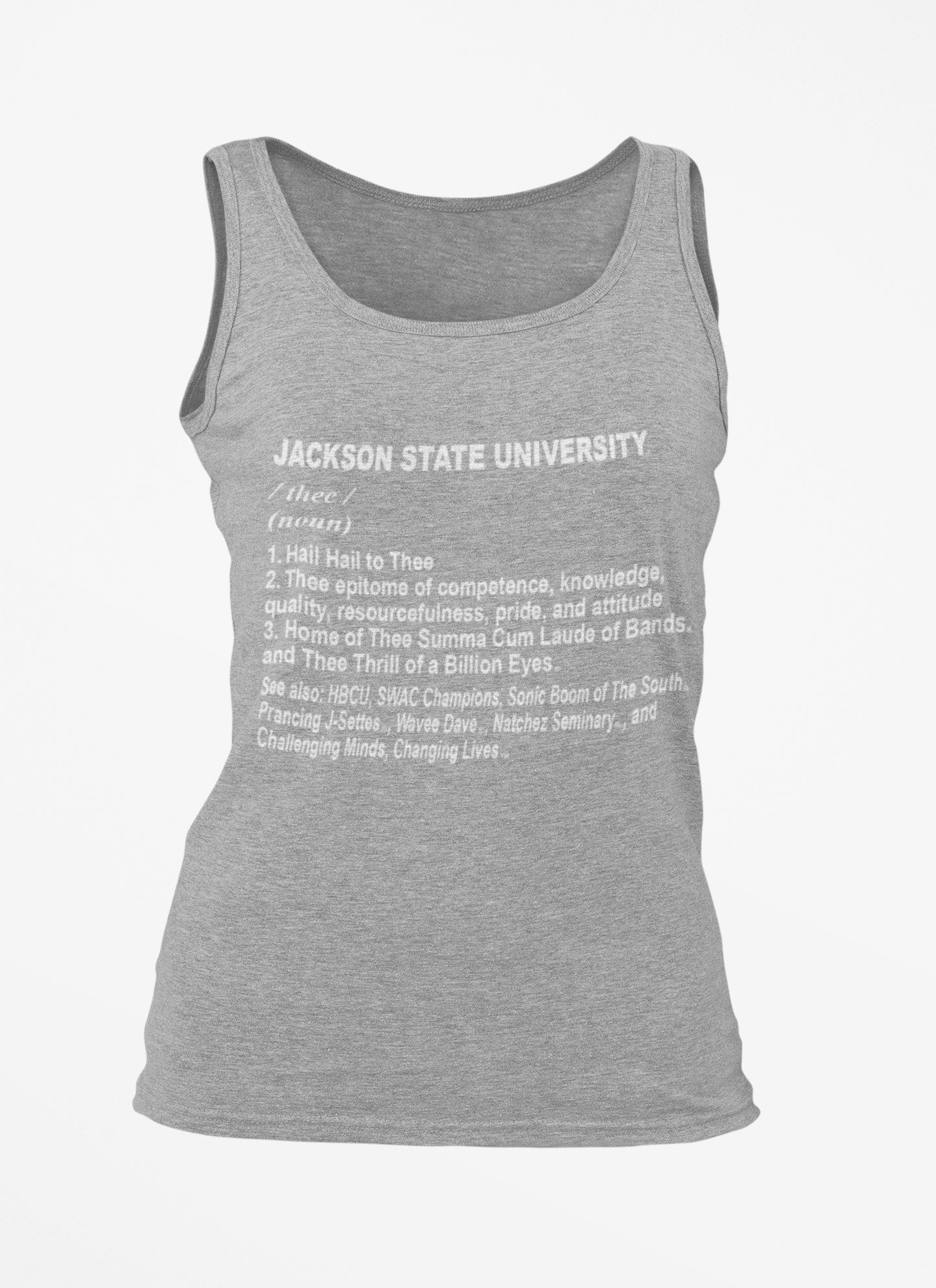 Unisex athletic heather gray tank top with 'JACKSON STATE UNIVERSITY' definition text
