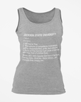Unisex athletic heather gray tank top with 'JACKSON STATE UNIVERSITY' definition text