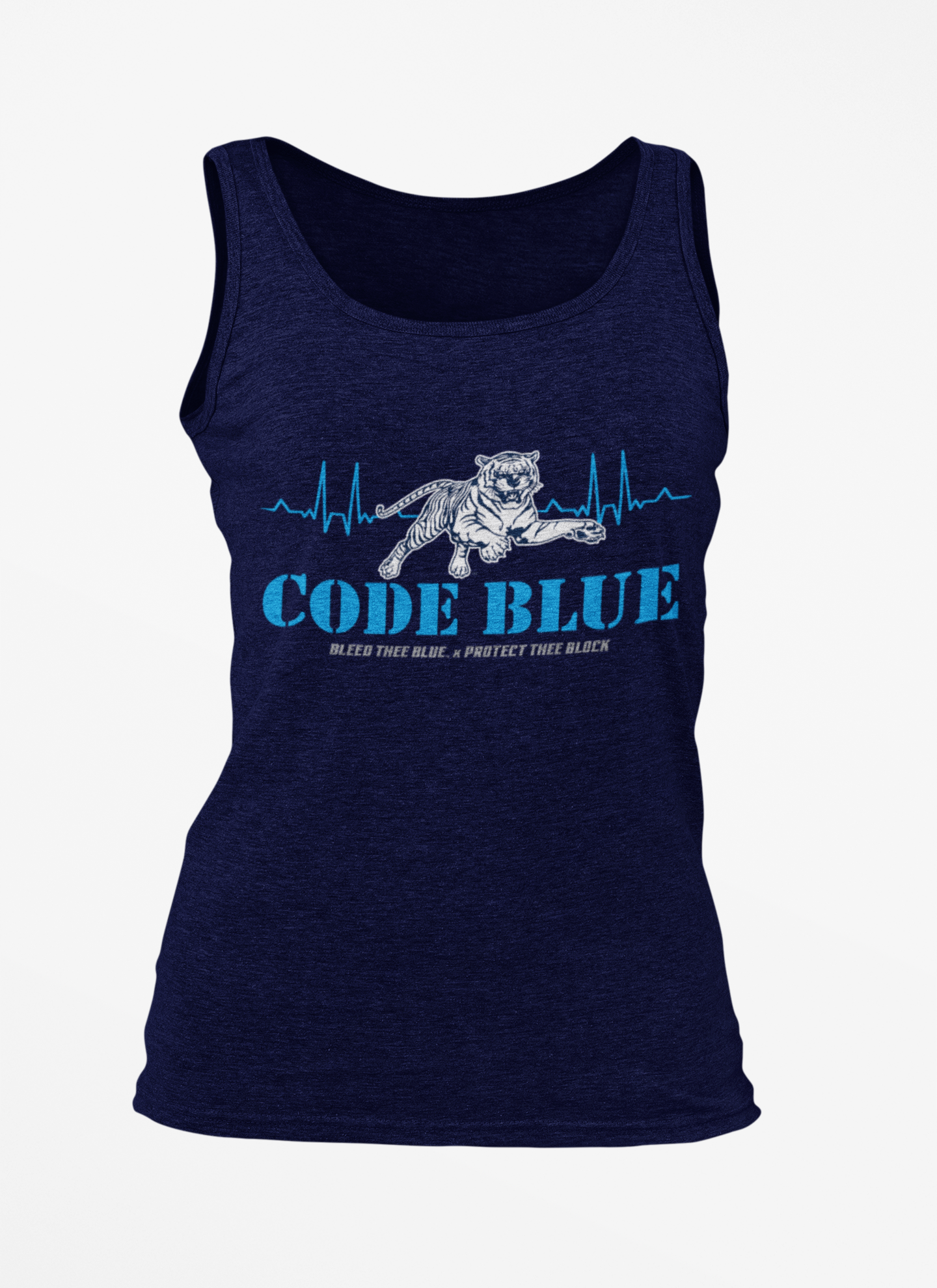Navy unisex crewneck tank with Code Blue tiger and heartbeat graphic centered