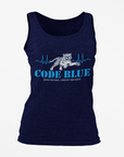 Navy unisex crewneck tank with Code Blue tiger and heartbeat graphic centered