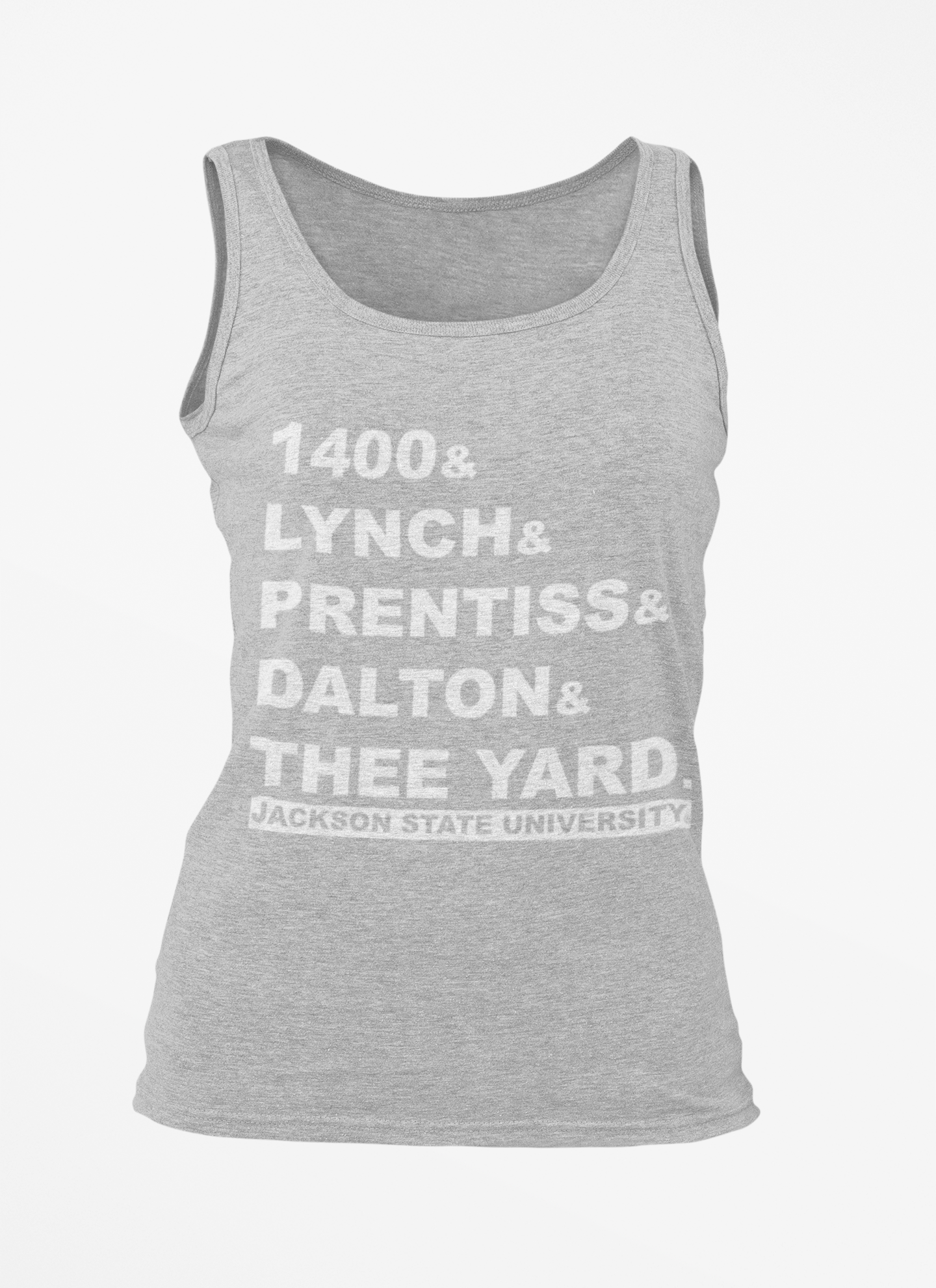 Heather gray unisex tank top with front graphic text and Jackson State University logo.