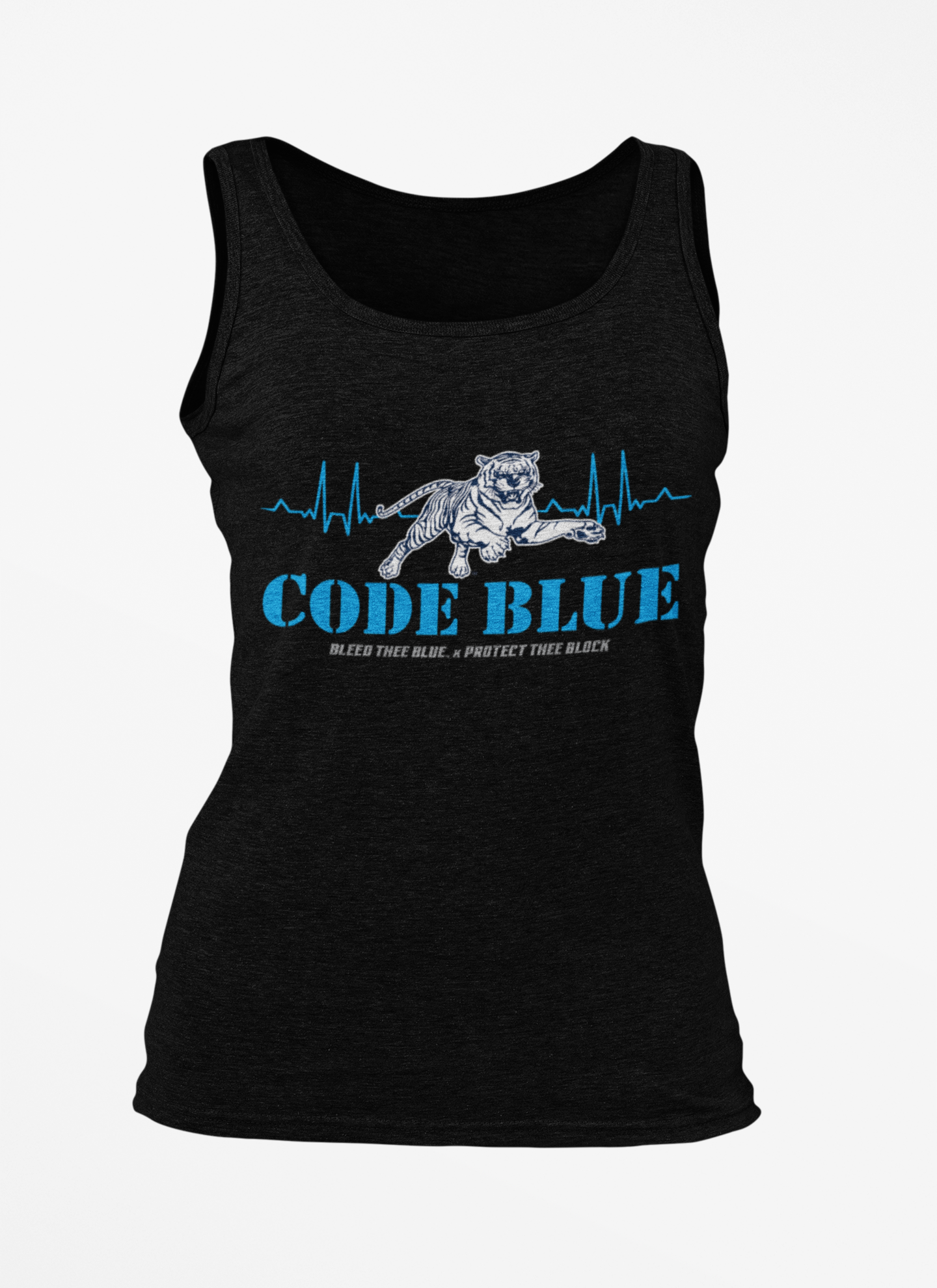 Black unisex crewneck tank with Code Blue tiger and heartbeat graphic centered