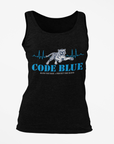 Black unisex crewneck tank with Code Blue tiger and heartbeat graphic centered