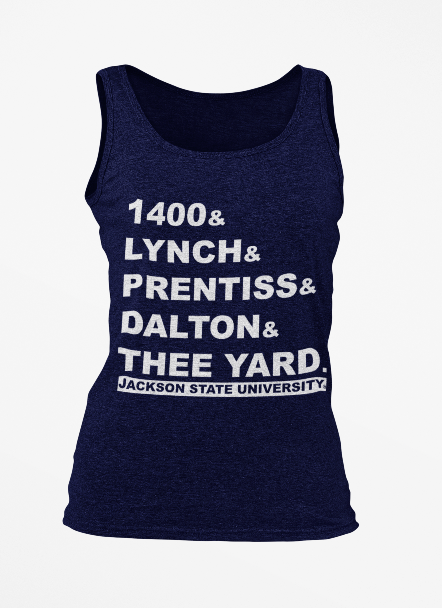 Navy blue unisex tank top with bold front graphic text and Jackson State University logo.