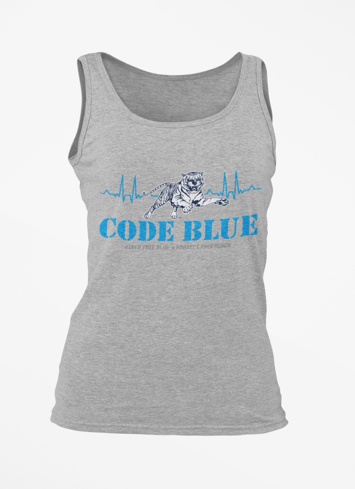 Athletic heather gray unisex crewneck tank with Code Blue tiger and heartbeat graphic