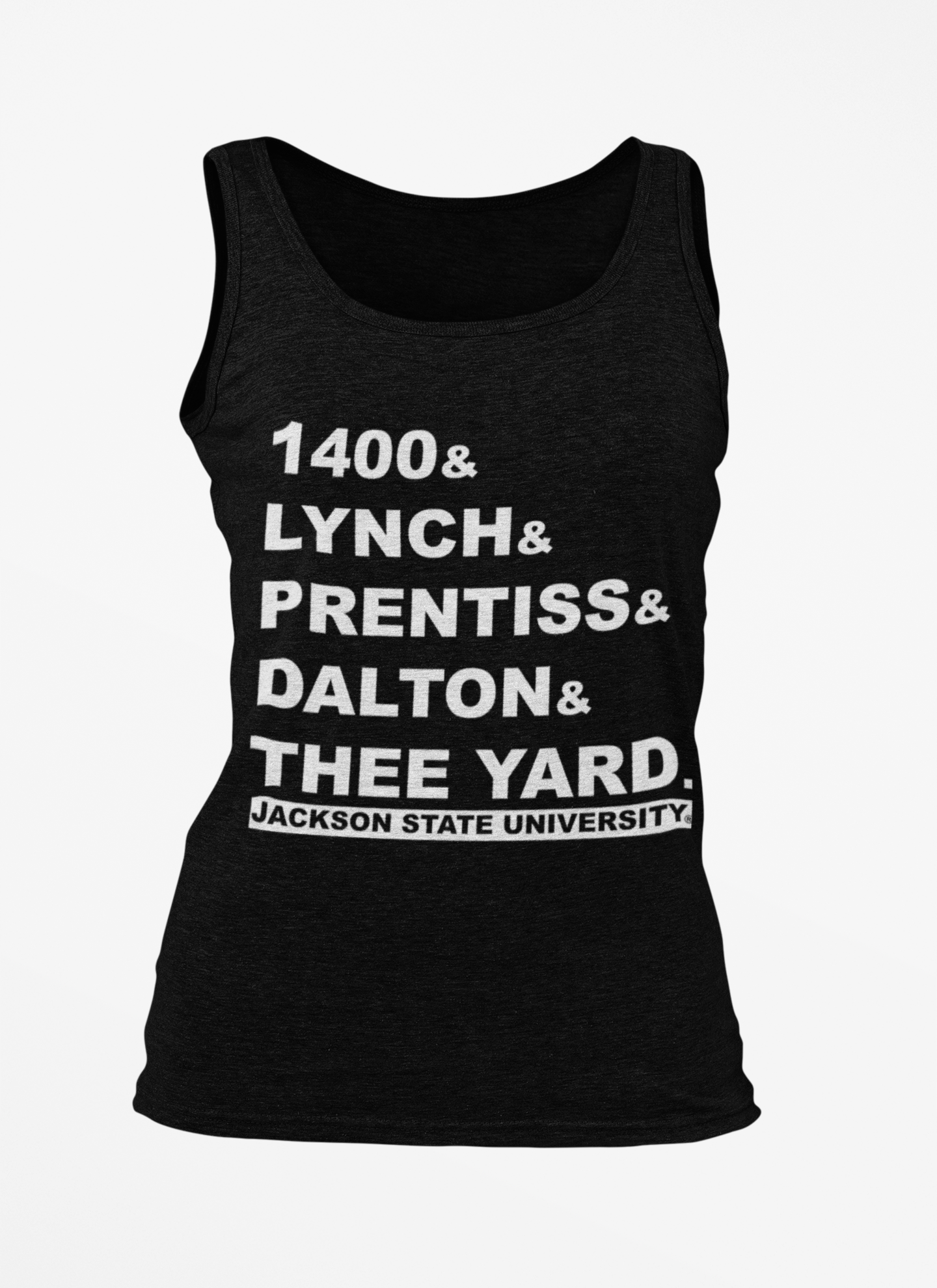 Black unisex tank top with front graphic text and Jackson State University logo.