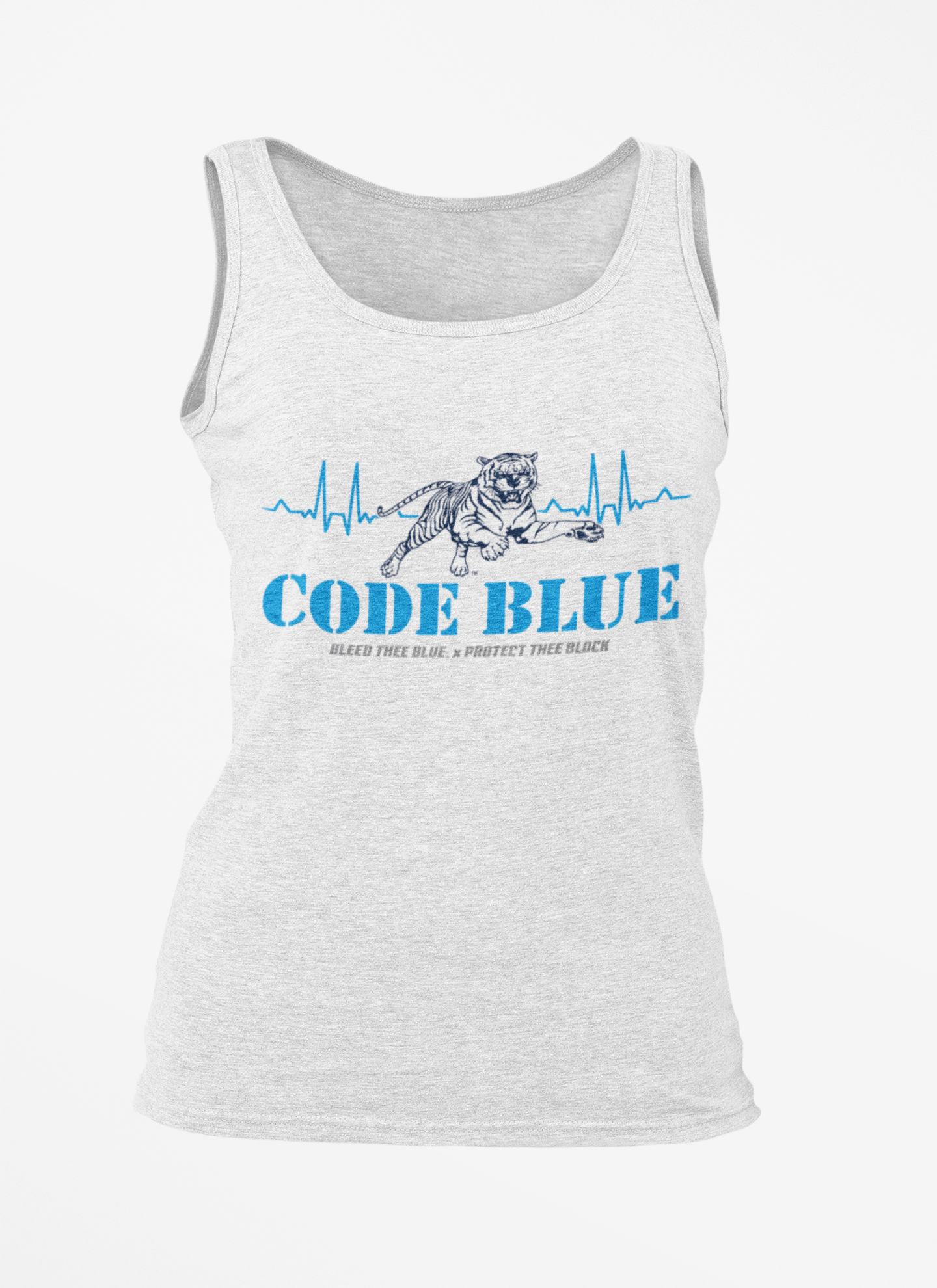 Light gray unisex crewneck tank with Code Blue tiger and heartbeat graphic centered