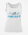 Light gray unisex crewneck tank with Code Blue tiger and heartbeat graphic centered