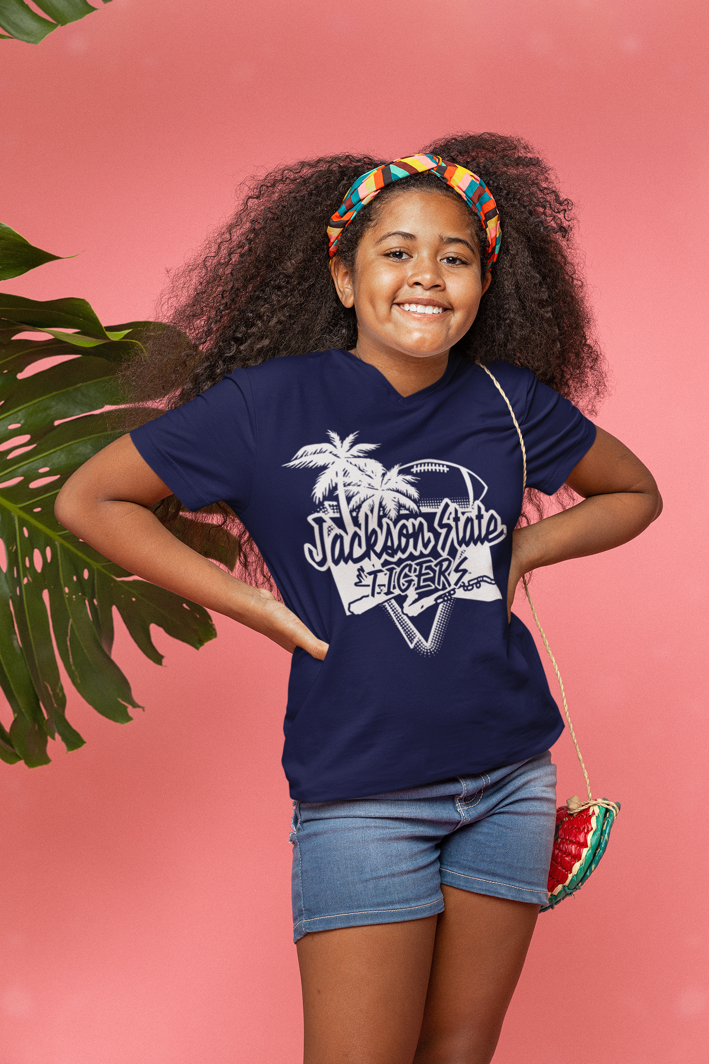 Navy blue youth crewneck T-shirt with palm-tree Tigers logo graphic