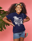Navy blue youth crewneck T-shirt with palm-tree Tigers logo graphic