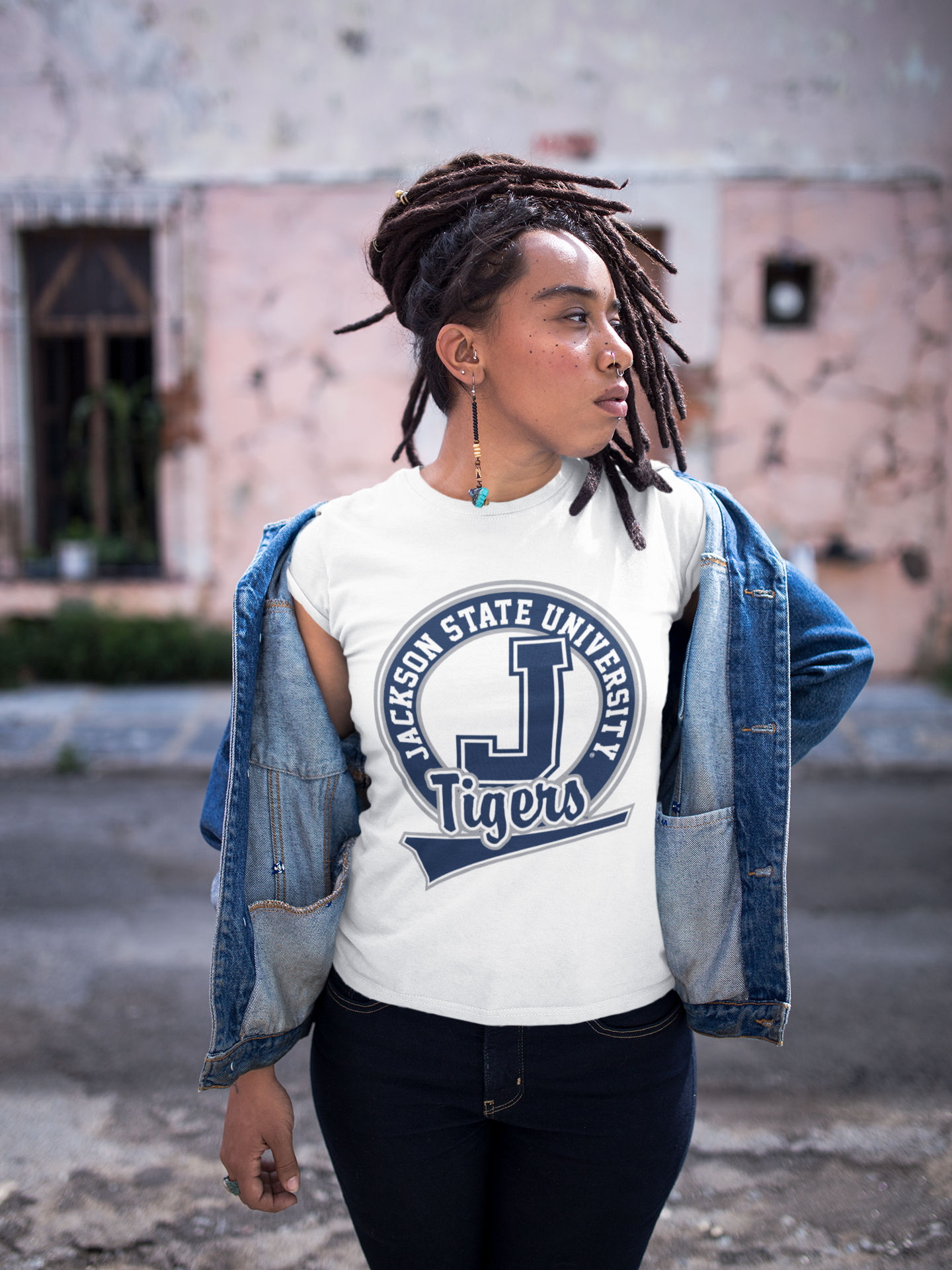 White short sleeve crew-neck T-shirt with Jackson State Tigers logo front