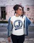 White short sleeve crew-neck T-shirt with Jackson State Tigers logo front